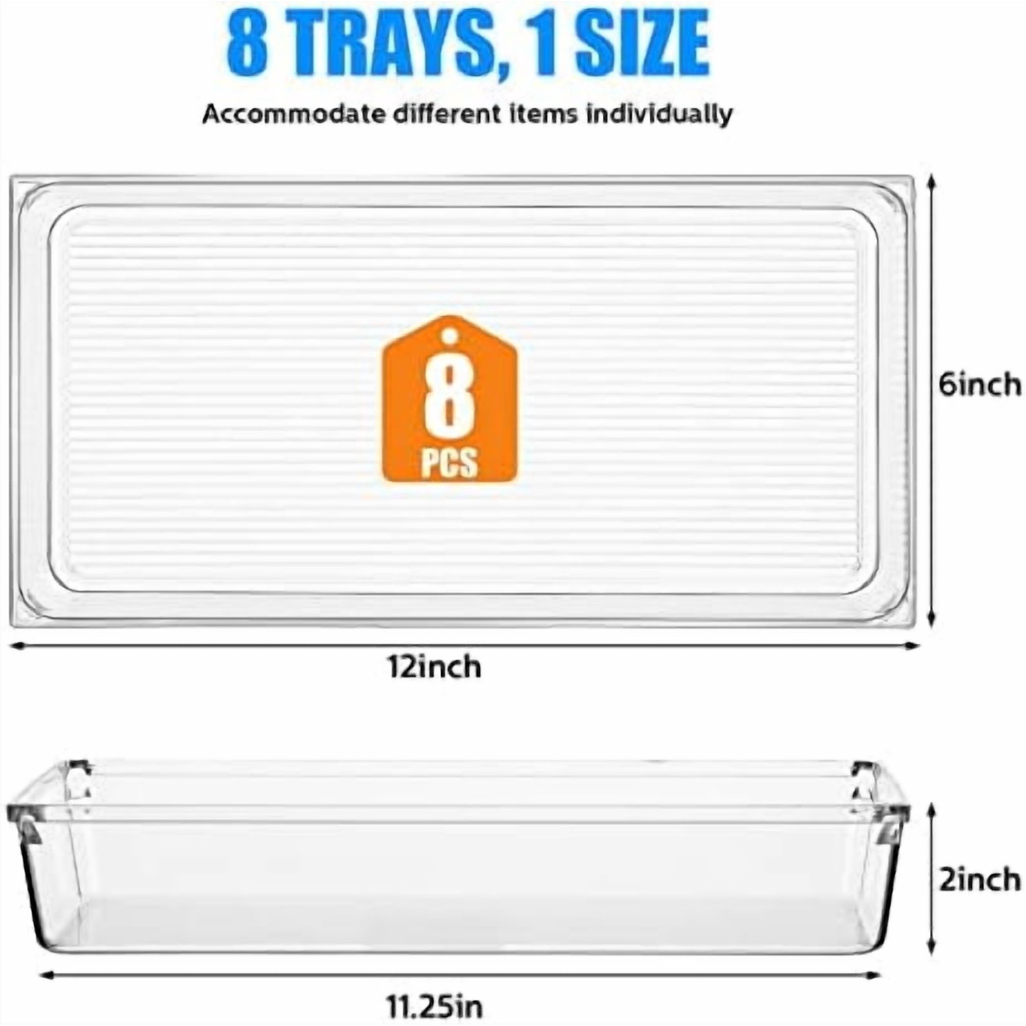 8 Pcs Plastic Drawer Organizer Bins 12 x 6 x 2 Inch Clear Drawer Organizers Stackable Rectangle Trays Vanity Drawers Organizers Drawers Dividers for Office Desk Refrigerator Kitchen
