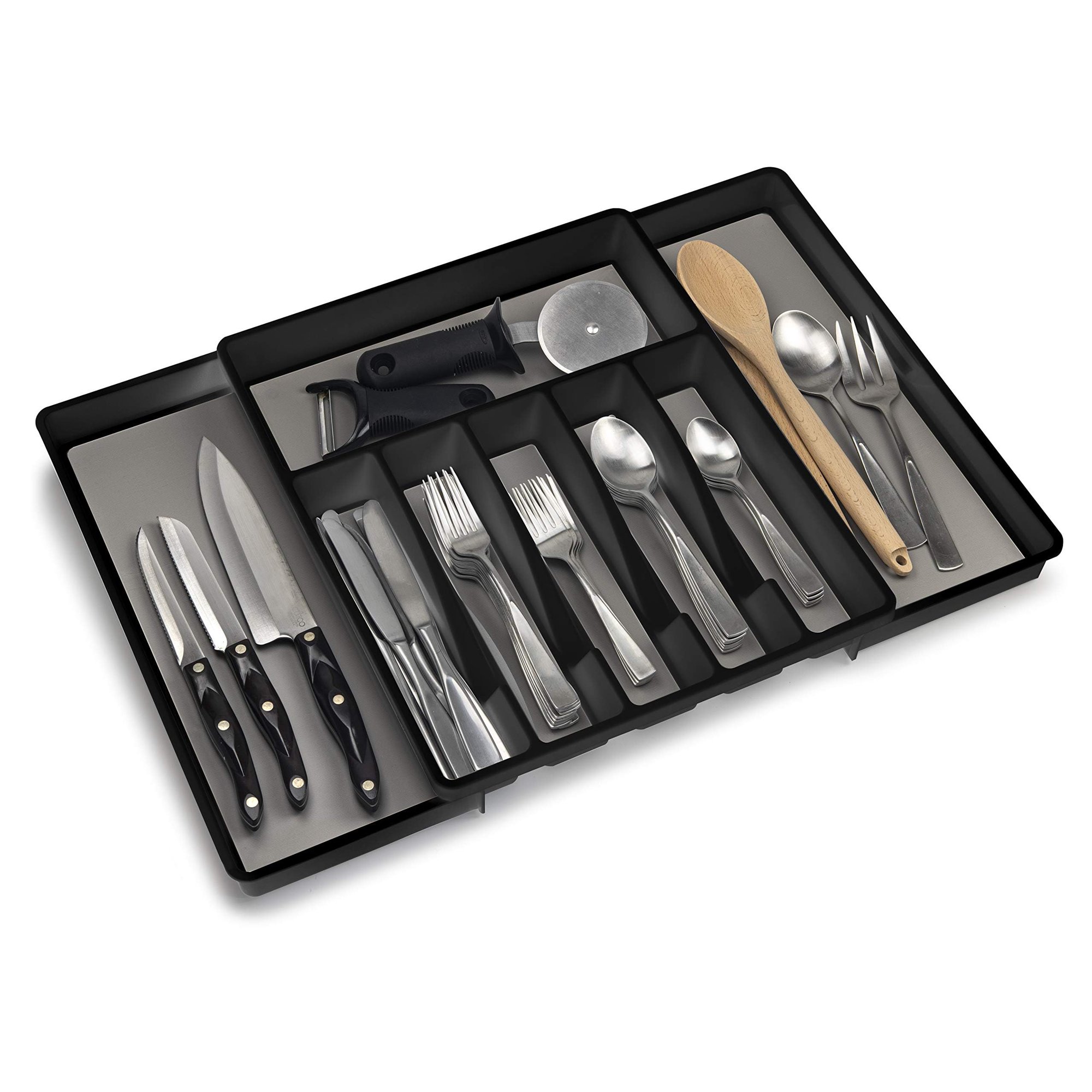 Expandable Silverware Drawer Organizer with 8 Compartments, Non-Slip Adjustable Utensil Tray for Kitchen Cutlery Fork Spoon Storage, Black