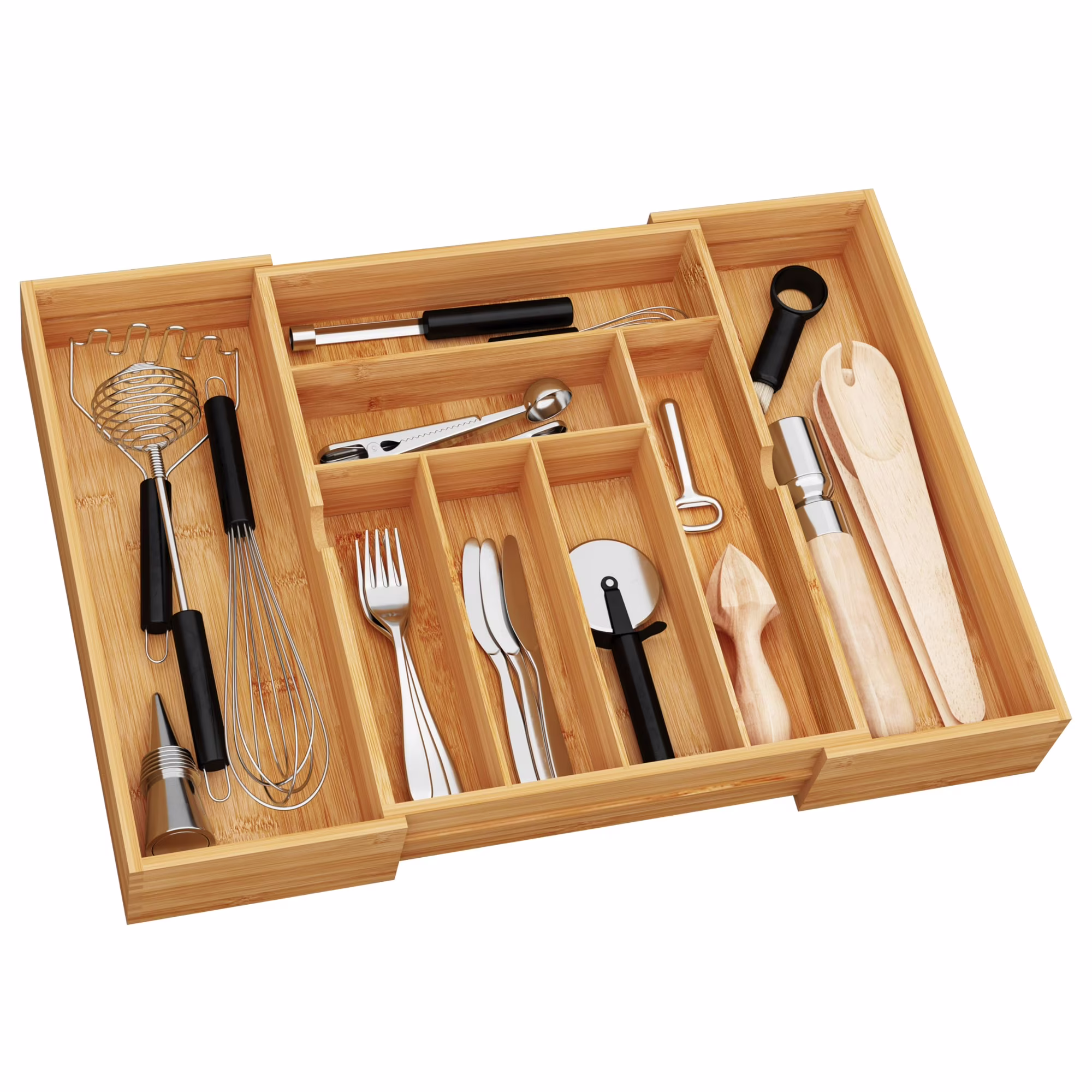Expandable 3Deep Drawer Organizer, Multi-Purpose Silverware Tray for Kitchen Cutlery, Bathroom Toiletries, Dresser Cosmetics, Sturdy Bamboo Divider (Brown)