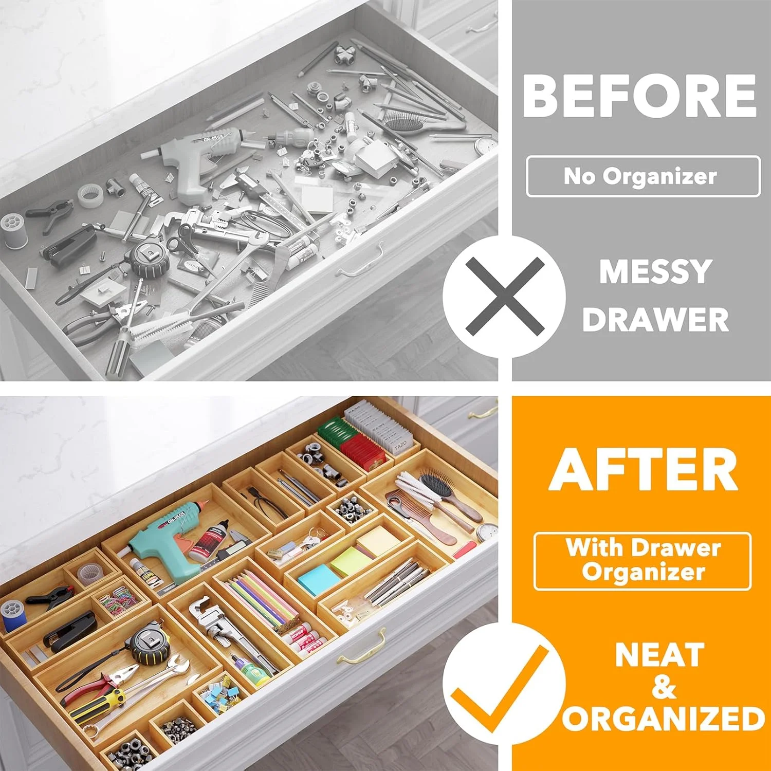 21-Piece Bamboo Drawer Organizer Storage Boxes Set, Wood Tray Junk Drawer Organizers Multi-Use Divider Bins for Kitchen, Bathroom, Office Desk and Makeup Organization (21 Pack, Natural)
