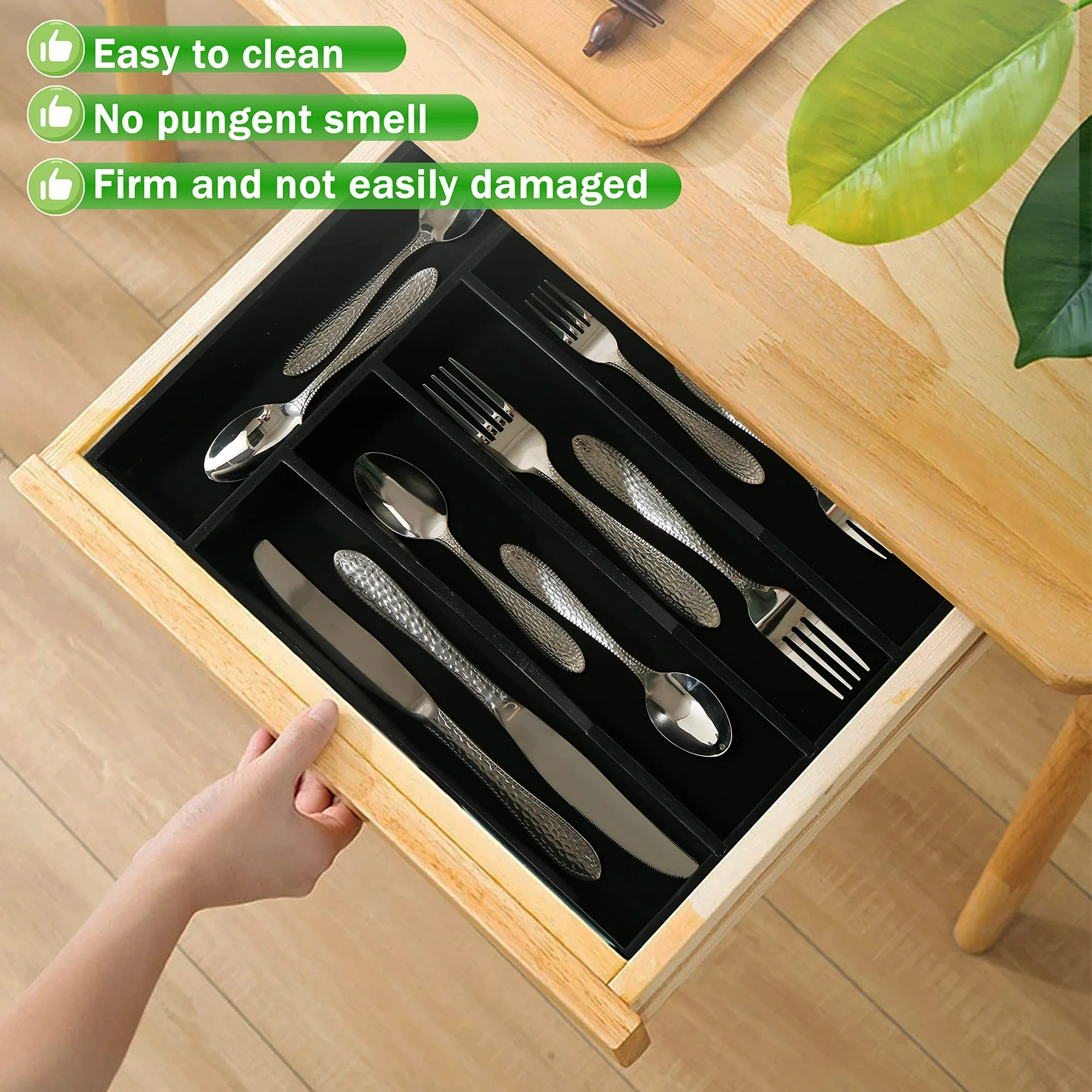 Kitchen Drawer Organizer for Silverware, Bamboo Wood Utensil Tray 10x14 Inches, 5-Section Cutlery Holder, Flatware Storage Solution, Black