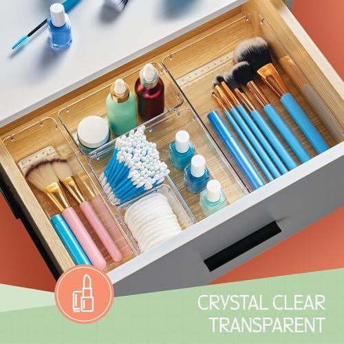 25 PCS Clear Plastic Drawer Organizers Set,4 Sizes Clear Drawer Organizers & storage Bins for Makeup/Jewelry Vanity, Kitchen Gadgets Or Office Desk. Bathroom Drawer Organizer Trays With Non-Slip Pads