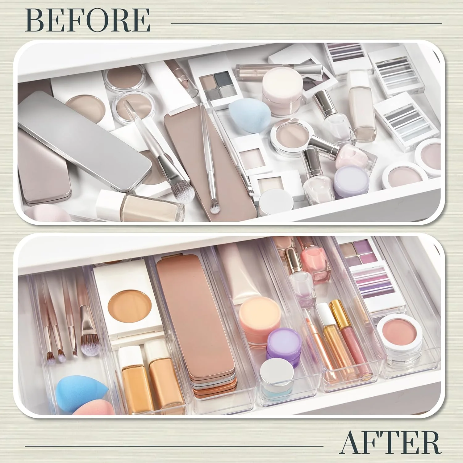 SimpleSort 6-Piece Stackable Clear Plastic Drawer Organizers, 12 x 3 x 2 Inch Rectangle Trays for Makeup Vanity, Office Desk, Kitchen Utensil Storage,Made