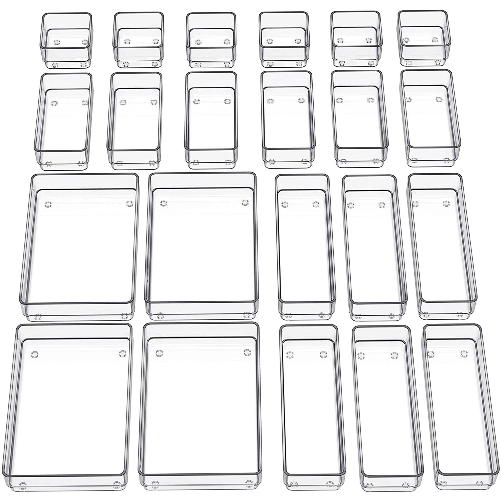 22-Piece Drawer Organizer with Non-Slip Silicone Pads, 4-Size Clear Desk Drawer Organizer Trays Storage Tray for Makeup, Jewelries, Utensils in Bedroom Dresser, Office and Kitchen, Clear
