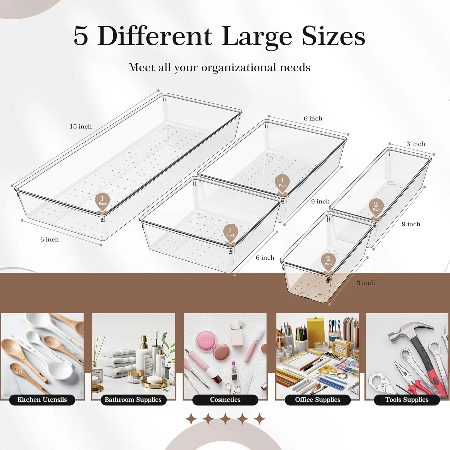 Drawer Organizer, 18 Pack Large Clear Plastic Kitchen Drawer Organizers Set, 6 Size Versatile Bathroom and Vanity Drawer Organizer Trays, Storage Bins for Makeup, Bedroom, Kitchen Utensils