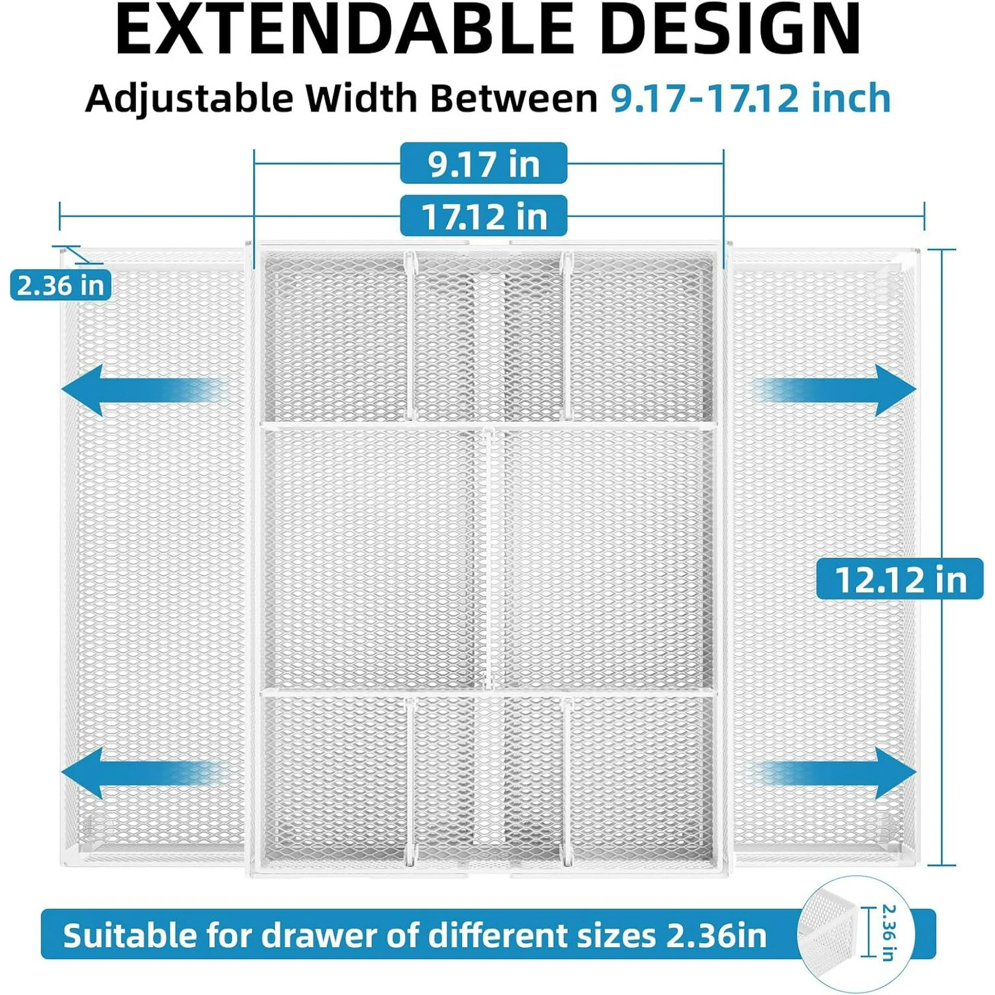 Expandable Desk Drawer Organizer, Mesh Drawer Organizer Tray with 10 Adjustable Compartments, Desk Organizers and Accessories, 5 Dividers Drawer for Office Supplies, Makeup & Vanity (White 2pack)