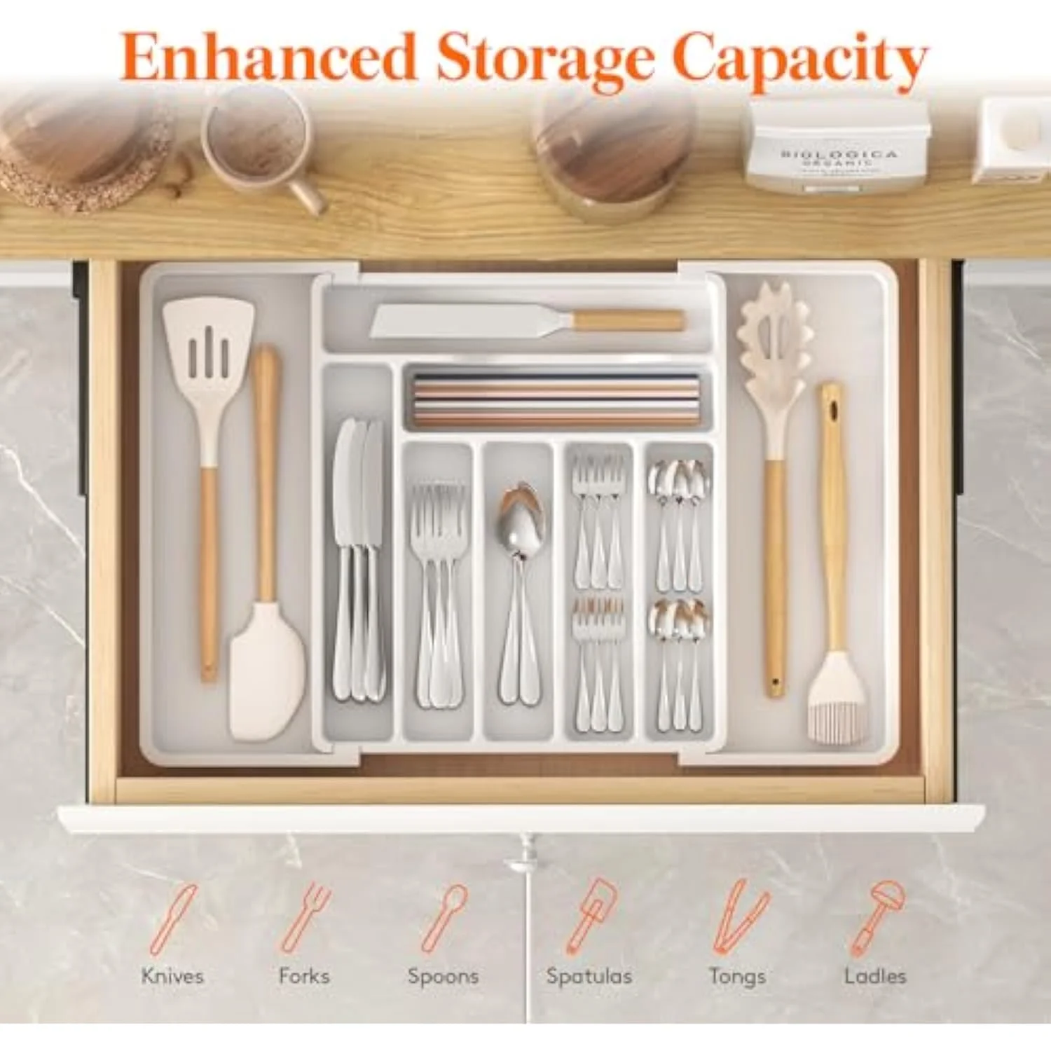 Silverware Drawer Organizer, Expandable Utensil Organizer for Kitchen Drawers, Adjustable Cutlery and Flatware Tray, Plastic Spoons Forks Knives Holder Storage Dividers, Large, White