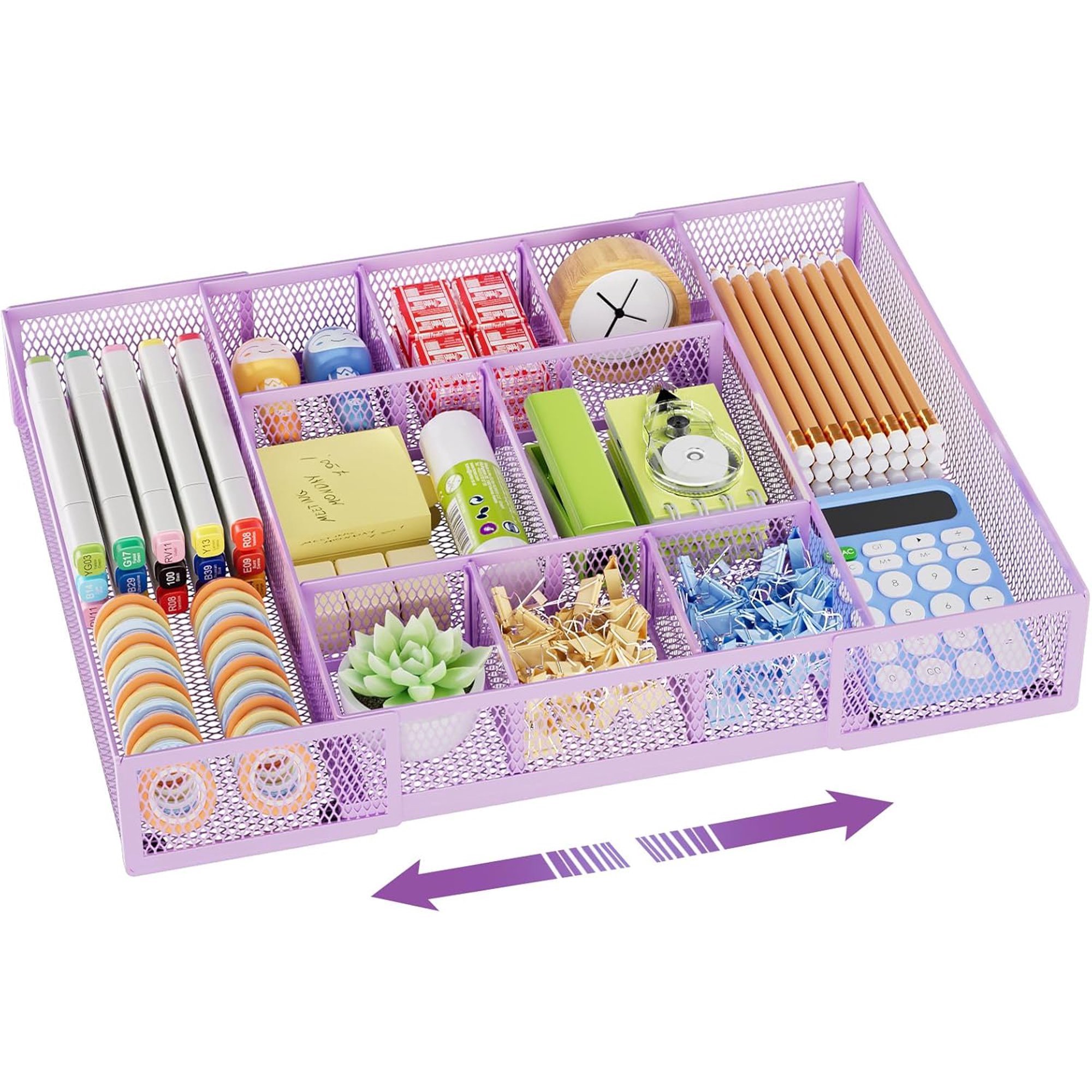 Expandable Desk Drawer Organizer, Mesh Drawer Organizer Tray with 10 Adjustable Compartments, Desk Organizers and Accessories for Office Supplies, Makeup & Vanity (Expandable-Purple 2 pack)
