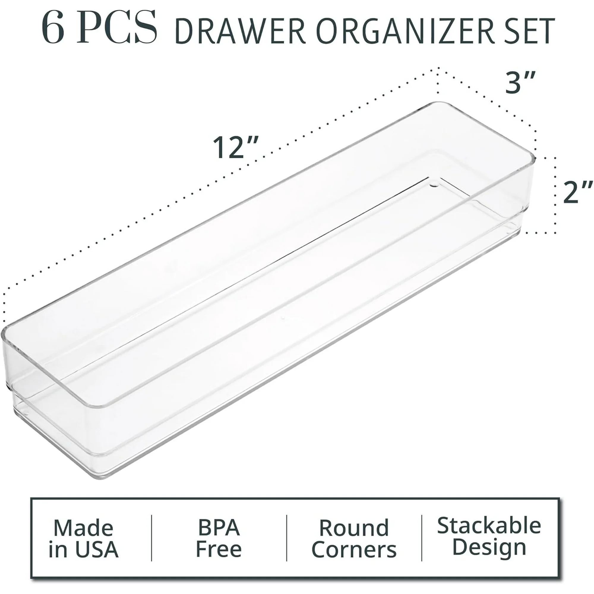 SimpleSort 6-Piece Stackable Clear Plastic Drawer Organizers, 12 x 3 x 2 Inch Rectangle Trays for Makeup Vanity, Office Desk, Kitchen Utensil Storage,Made