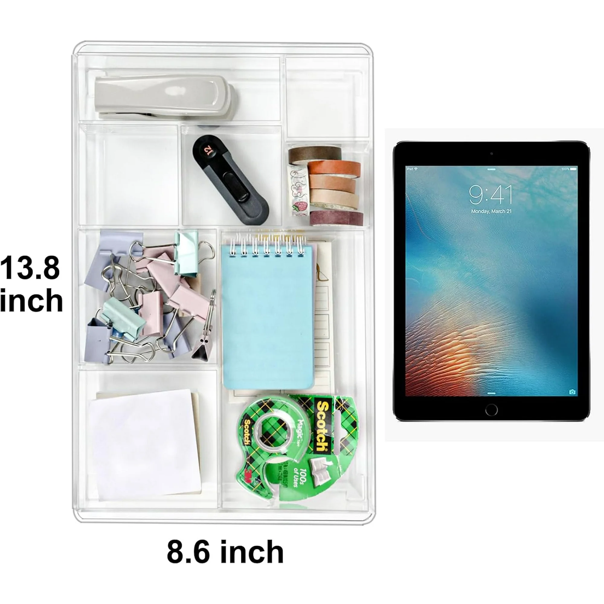 8-Section Clear Drawer Organizer, Large Acrylic Drawer Divider Tray for Desk,Bathroom,Office Makeup,Junk, Plastic Drawers Organizer 13.7x 8.7x 2(8-Section)