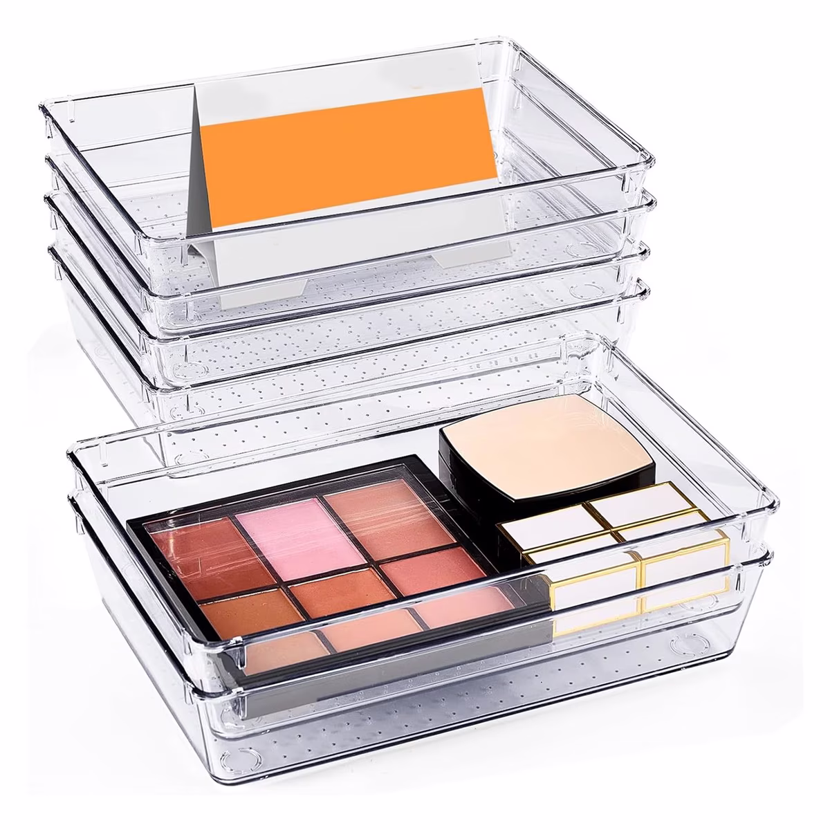 Desk Drawer Organizer Bins 6 PCS, 9X6X2In Clear Organizers with Silicone Pads, Vanity , Non Slip 6Pcs