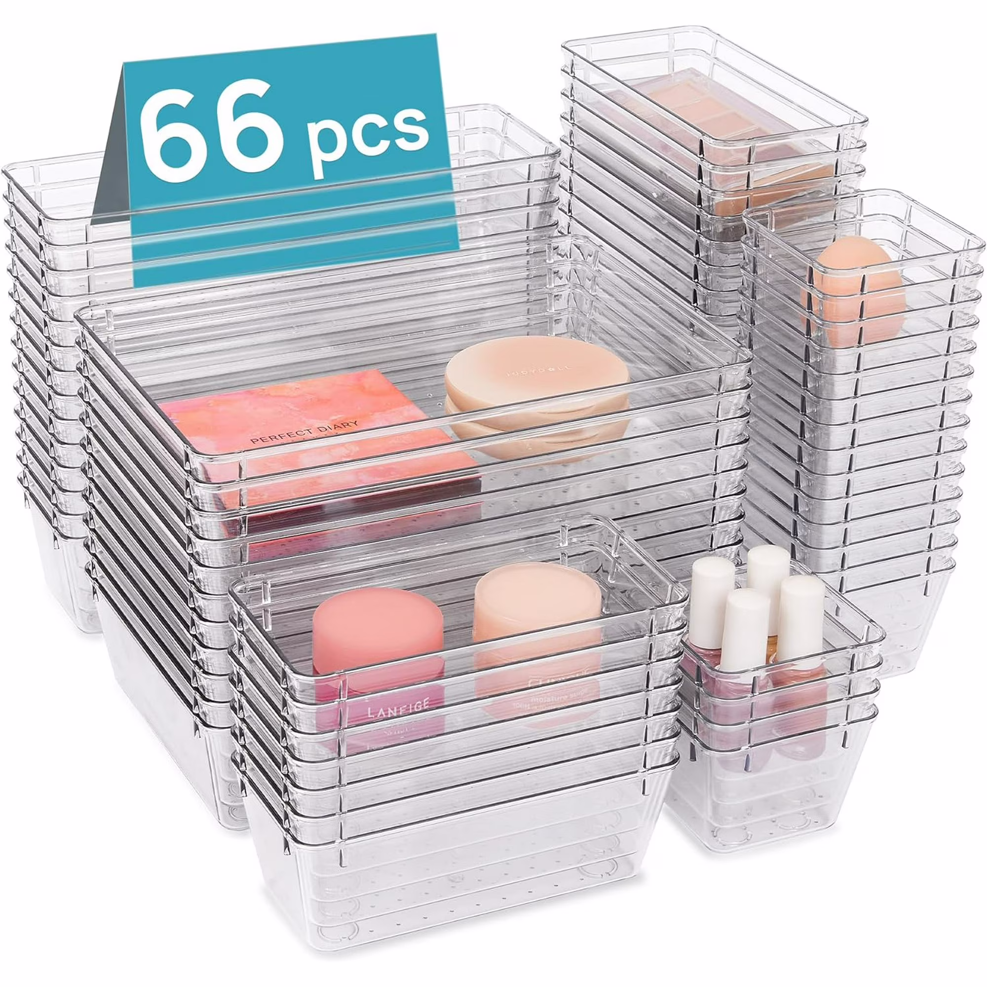 66 PCS Clear Plastic Drawer Organizers Bins, 4-Size Versatile Bathroom and Vanity Organizer Trays, Non-Slip Storage Containers for Makeup, Jewelries, Bedroom，Kitchen Utensils and Office