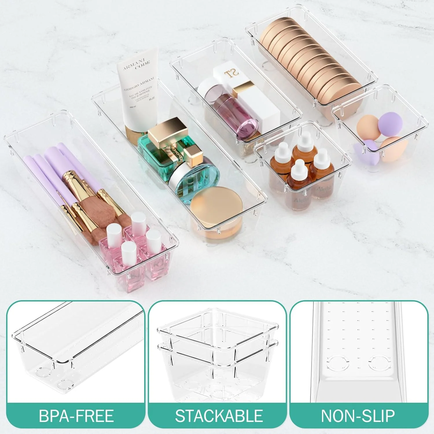 9 Pack Clear Drawer Organizer Set, Acrylic Drawer Storage Trays, Storage Bins for Makeup, Cosmetics, Jewelries, Utensils, Gadgets, Office