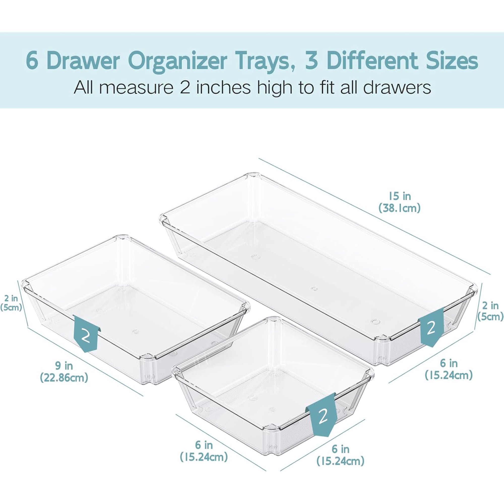 6 Pack Large Clear Plastic Drawer Organizer Trays, Desk Drawer Organizers and Storage Dividers, Non-Slip Storage Bins for Jewelry, Snacks, Office, Bathroom, Bedroom and Kitchen