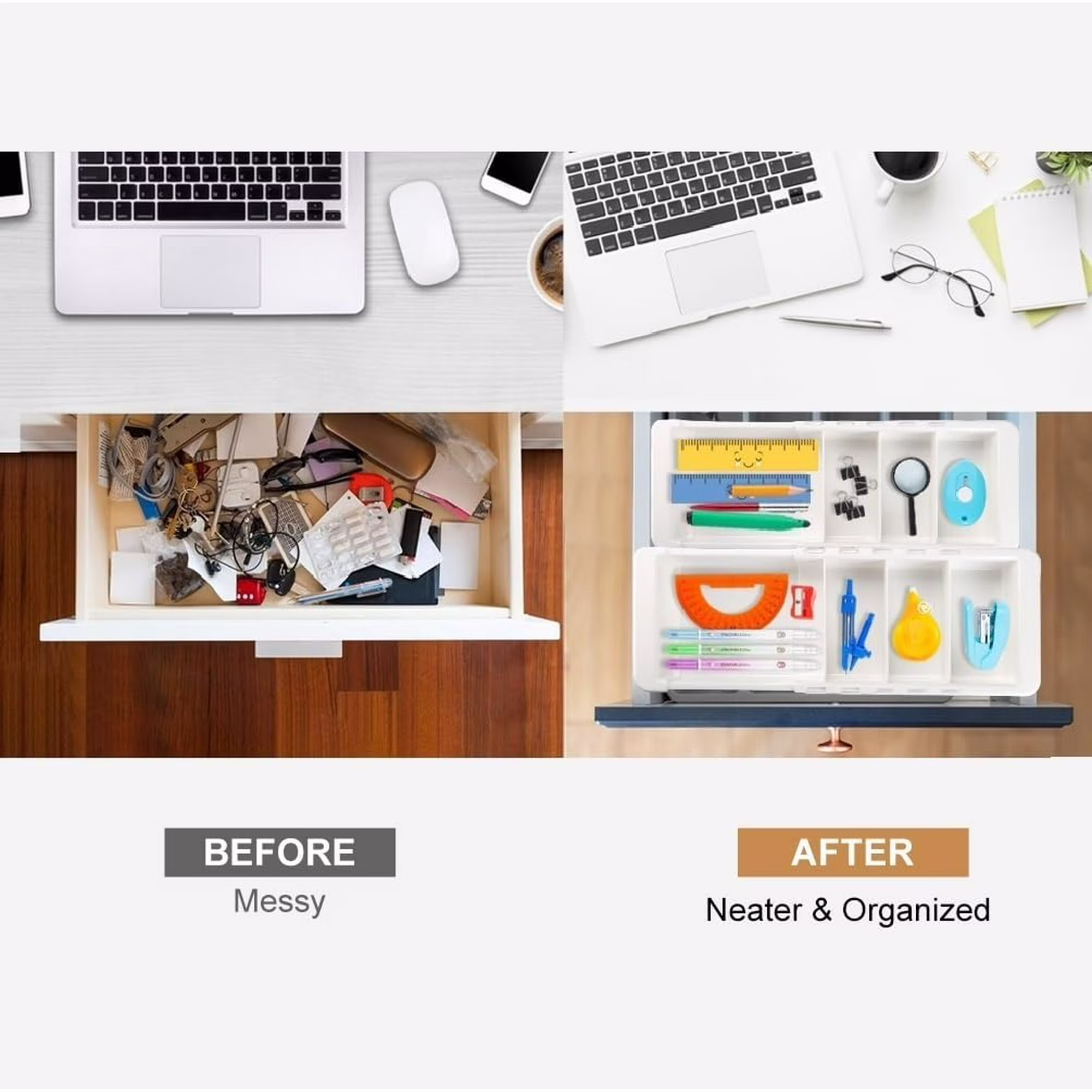Expandable Drawer Organizer, 2 PCS Adjustable Trays for Office, Kitchen, Makeup, Tools