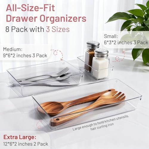 8 Pack Large Clear Plastic Drawer Organizer Trays - Acrylic Kitchen Drawer Dividers for Utensils - 3 Sizes Heavy Duty Home Organization Bins for Bathroom, Makeup, Bedroom, Office Gadgets