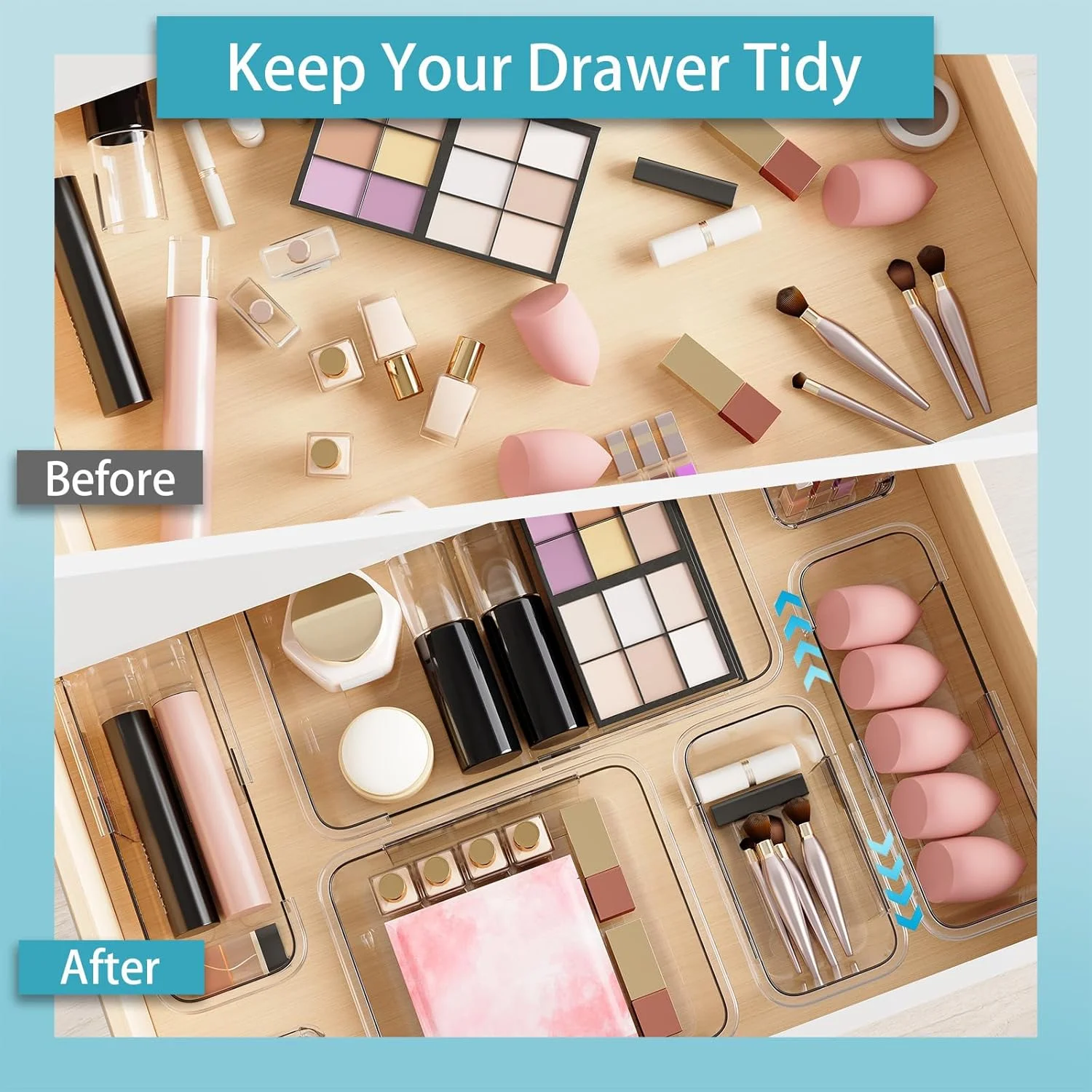 ‎25 PCS Extendable Clear Plastic Drawer Organizer Set, Adjustable Bathroom Organizer, 3 Sizes Versatile Vanity Drawer Organizer Trays for Makeup, Bedroom, Office, Kitchen Utensils and Gadgets