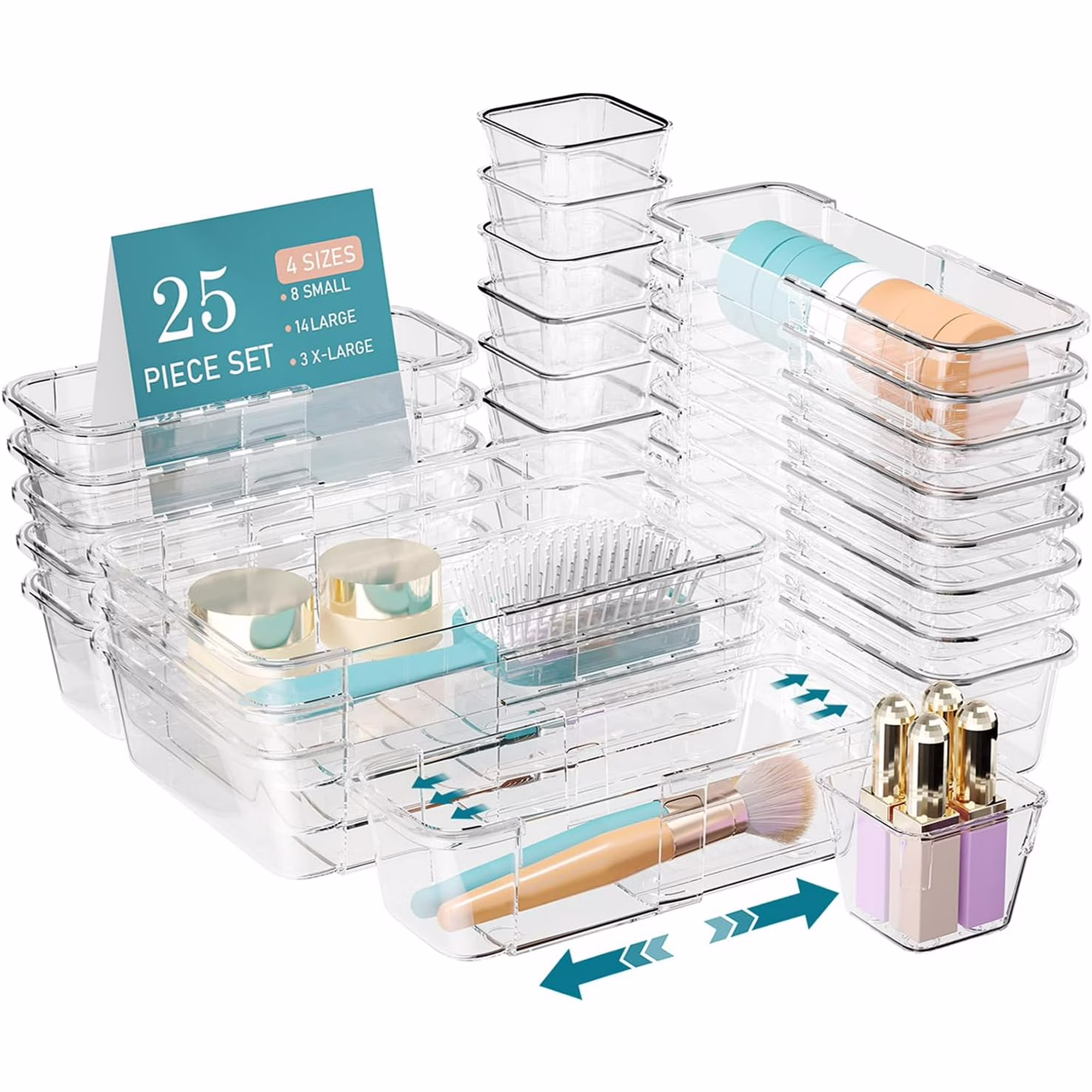 ‎25 PCS Extendable Clear Plastic Drawer Organizer Set, Adjustable Bathroom Organizer, 3 Sizes Versatile Vanity Drawer Organizer Trays for Makeup, Bedroom, Office, Kitchen Utensils and Gadgets