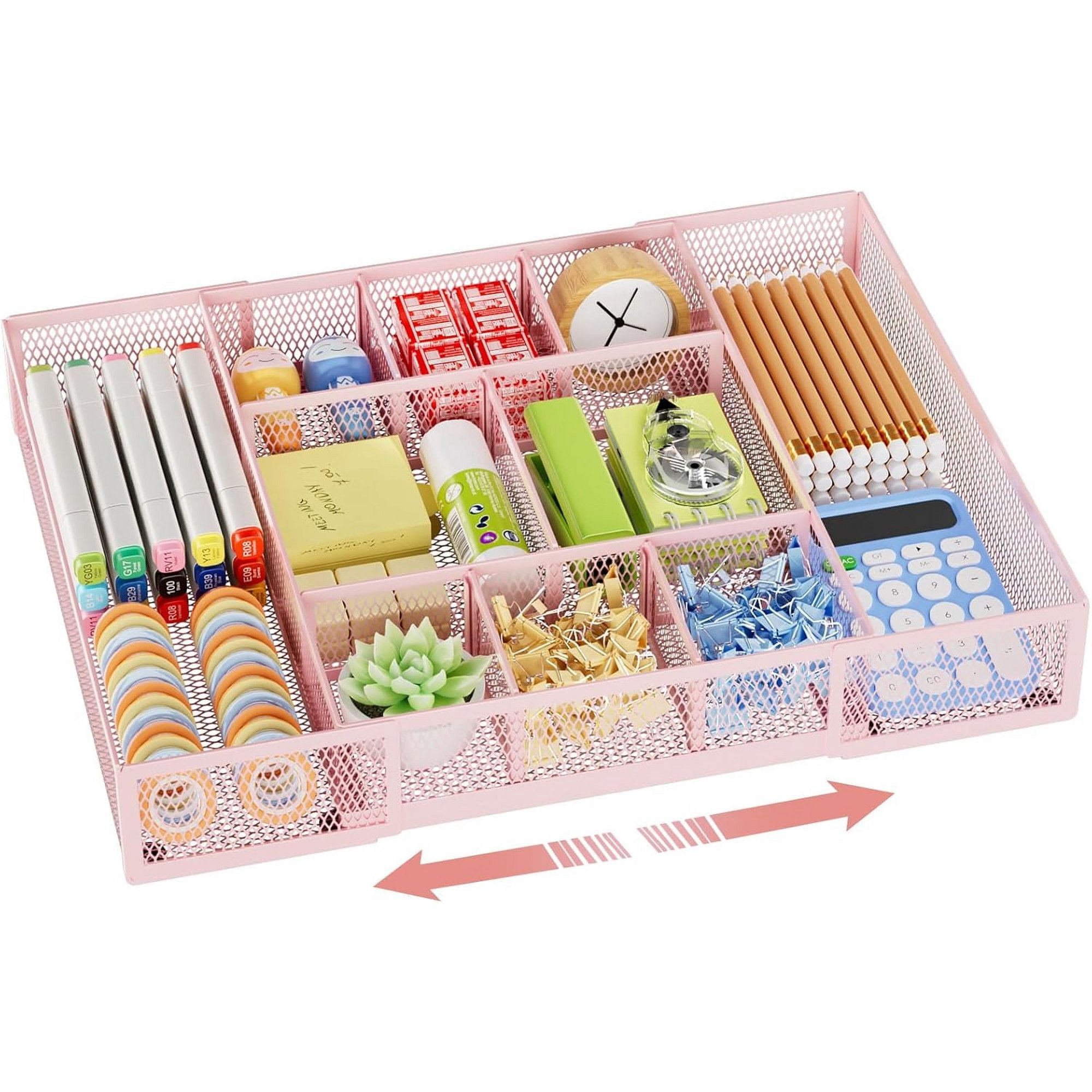 Expandable Desk Drawer Organizer, Mesh Tray with 10 Adjustable Compartments, Desk Organizers for Office Supplies, Makeup & Vanity (Expandable-Pink 2pack)