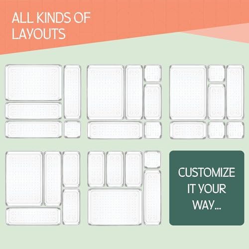 25 PCS Clear Plastic Drawer Organizers Set,4 Sizes Clear Drawer Organizers & storage Bins for Makeup/Jewelry Vanity, Kitchen Gadgets Or Office Desk. Bathroom Drawer Organizer Trays With Non-Slip Pads