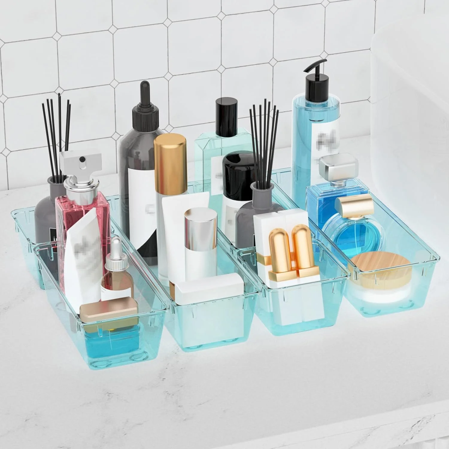 SUMMIT 6 Pack Clear Drawer Organizer Set, Acrylic Drawer Storage Trays, Storage Bins for Makeup, Cosmetics, Jewelries, Utensils, Gadgets, Office, Sea Blue