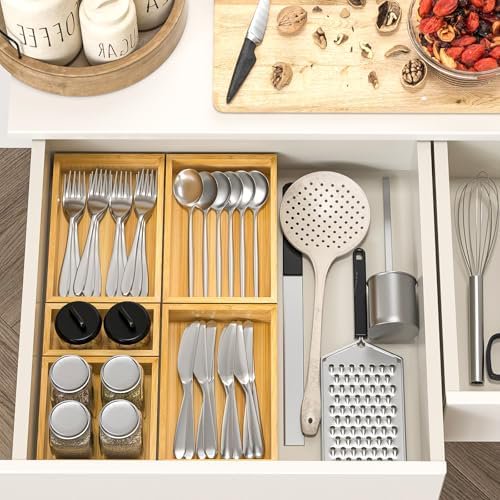 Bamboo Drawer Organizer, Set of 9 Wood Kitchen Junk Tea Desk Office Tray, Wooden Storage Boxes Organizers for Bathroom, Office (2H 9 Boxes)$$Office