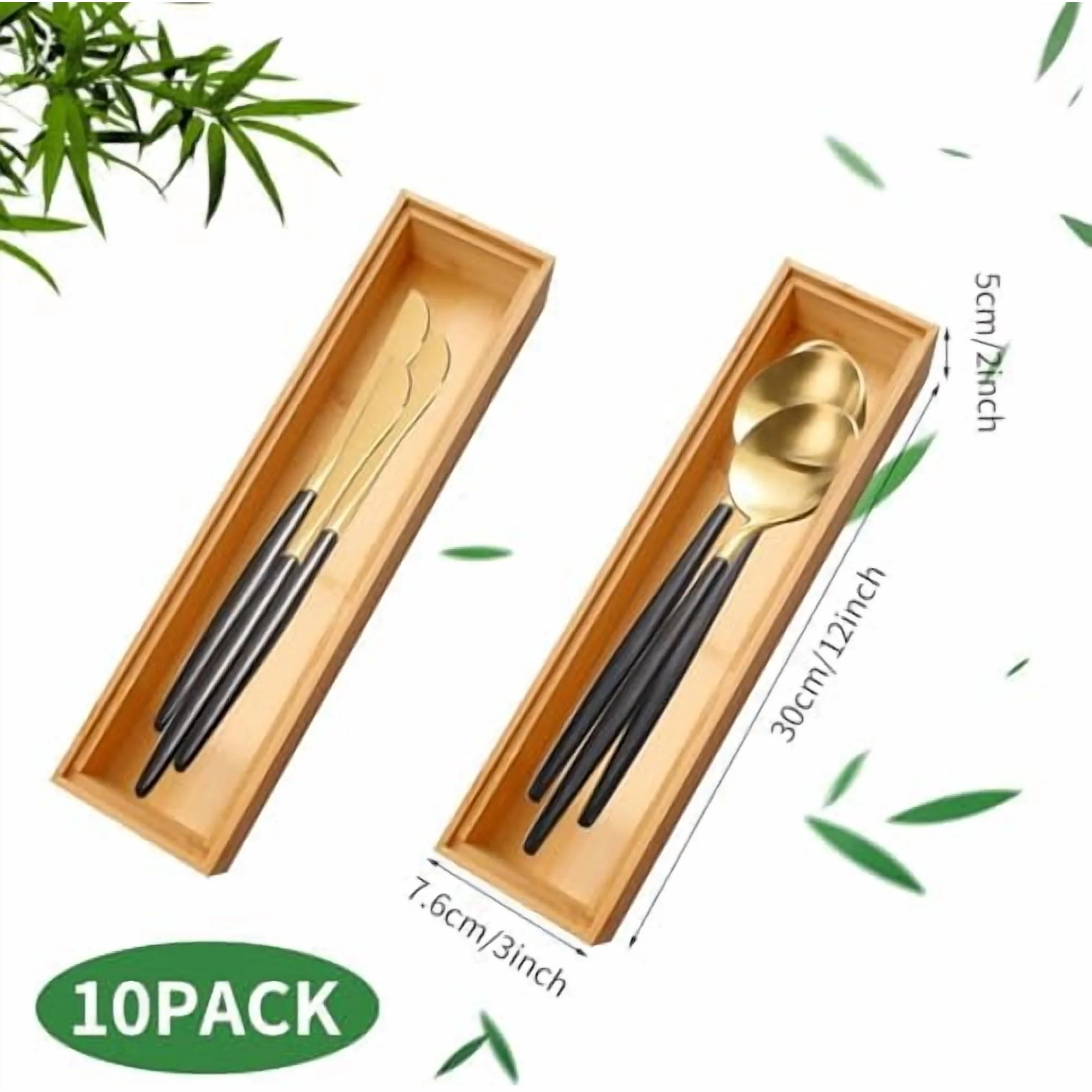 10 Pack Bamboo Drawer Organizers Stackable Wooden Cutlery Storage Boxes for Kitchen, Drawers, Bathroom, Office, Wooden Cutlery Tray (12 x 3 x 2 inches)
