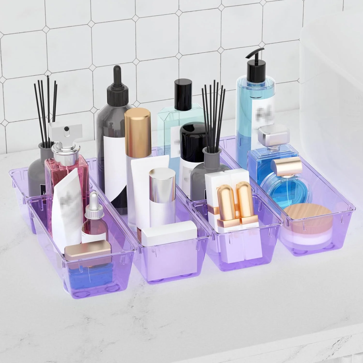 SUMMIT 6 Pack Clear Drawer Organizer Set, Acrylic Drawer Storage Trays, Storage Bins for Makeup, Cosmetics, Jewelries, Utensils, Gadgets, Office, Sea Blue