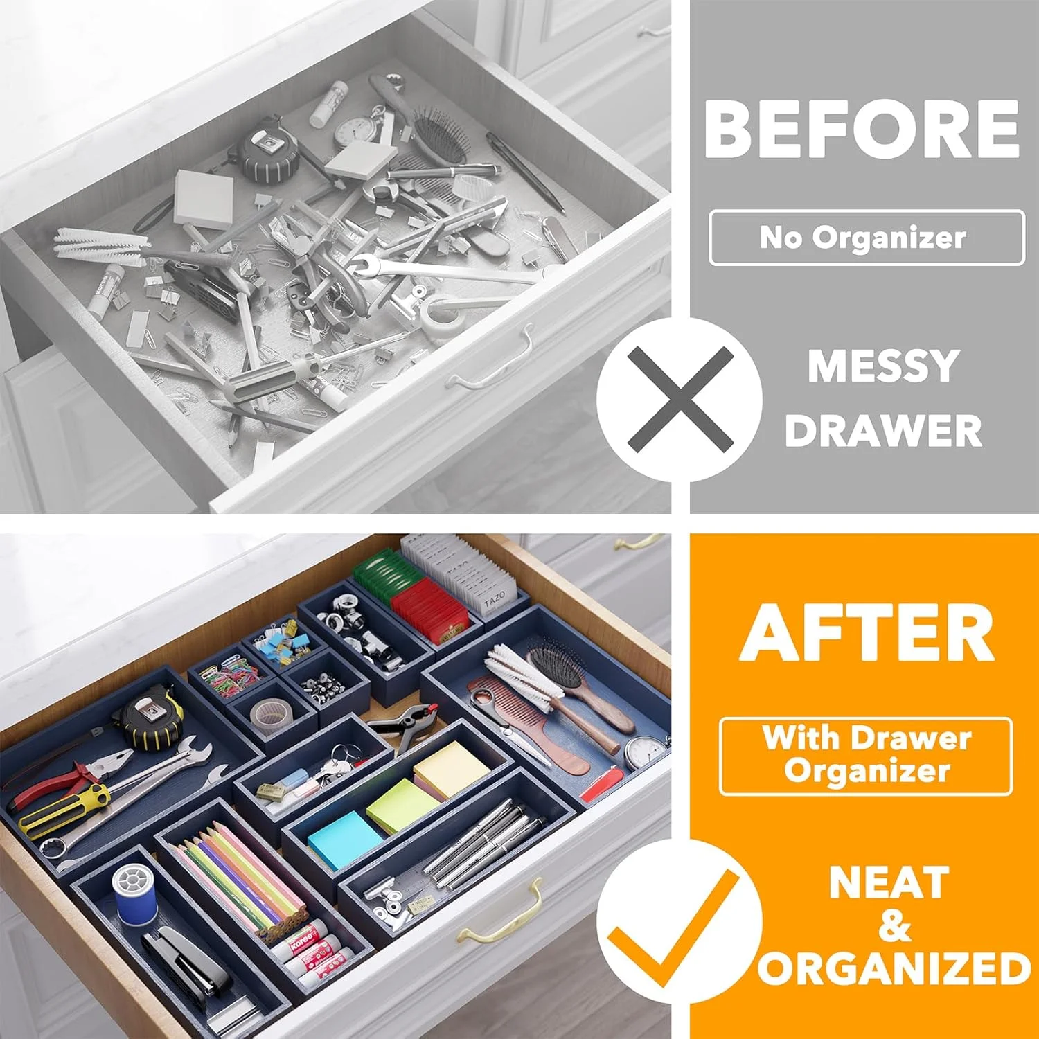 dxynlzq 14-Piece Bamboo Drawer Organizer Storage Boxes Set  Wood Tray Junk Drawer Organizers Multi-Use Divider Bins for Kitchen  Bathroom  Office Desk and Makeup Organization (14 Pack  Wh