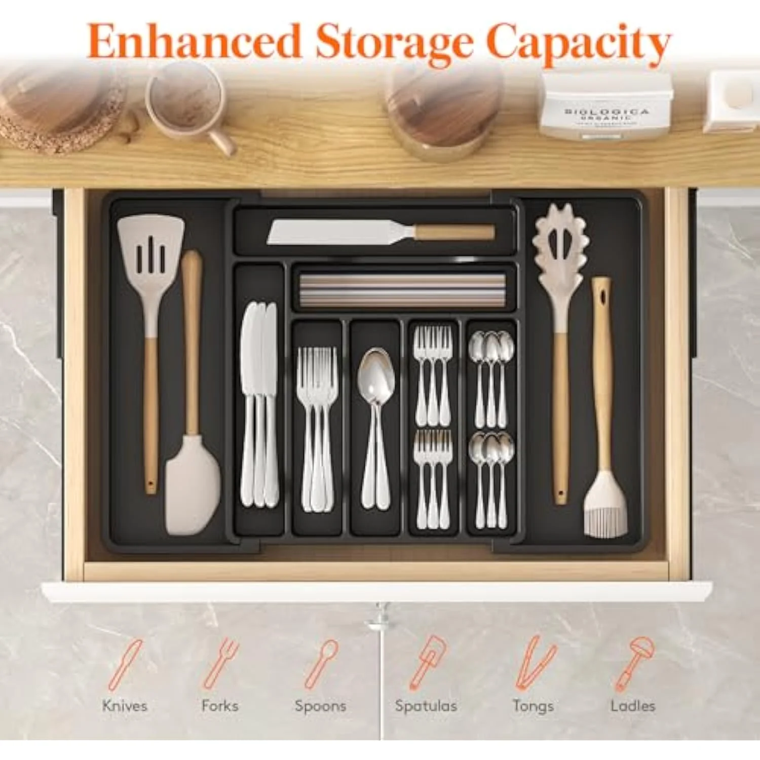 Silverware Drawer Organizer, Expandable Utensil Organizer for Kitchen Drawers, Adjustable Cutlery and Flatware Tray, Plastic Spoons Forks Knives Holder Storage Dividers, Large, Black