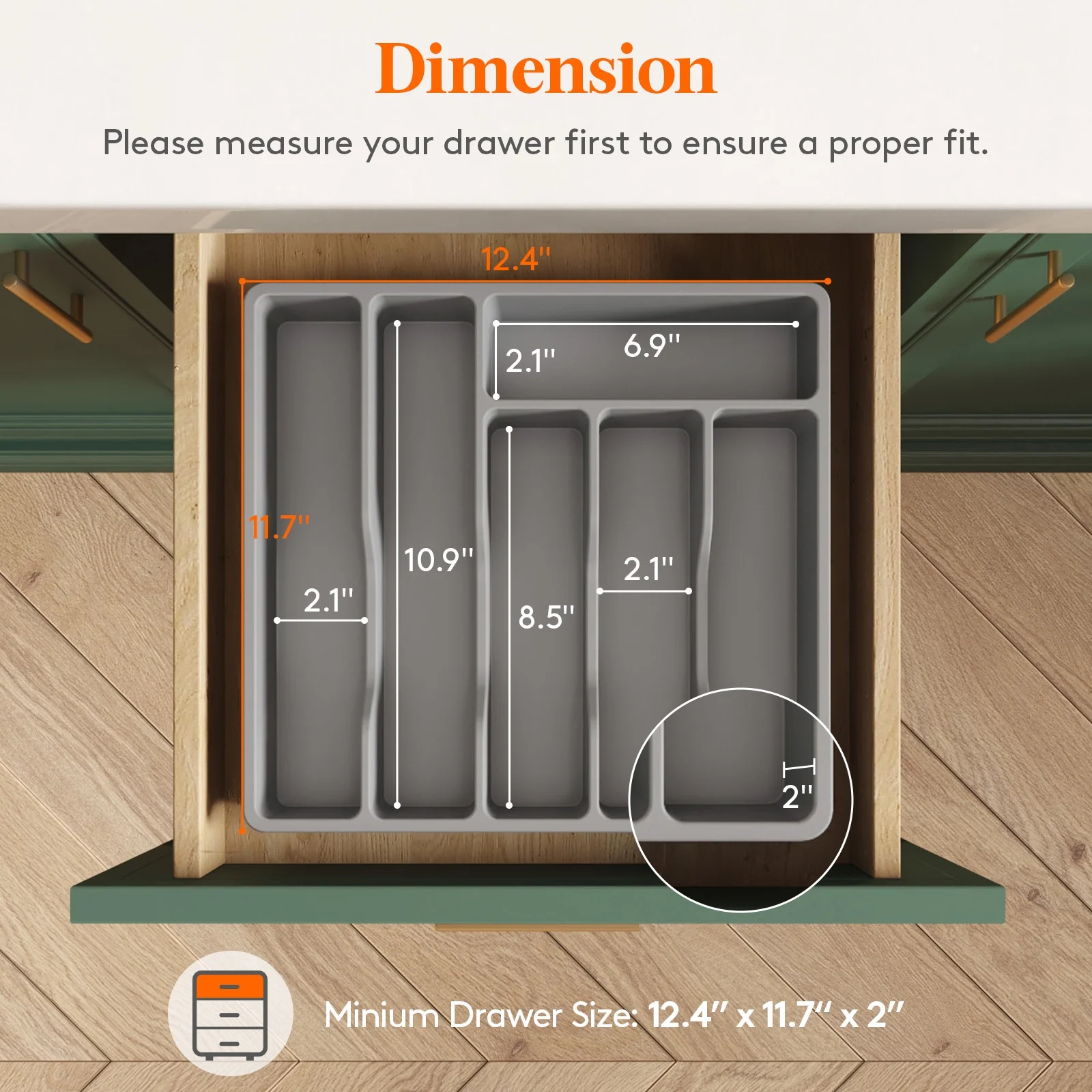 Silverware Drawer Organizer Tray, Plastic Cutlery Storage for Kitchen Drawer, Flatware and Utensil Holder Divider for Spoons Forks Knives Tableware, 6 Compartment, Gray