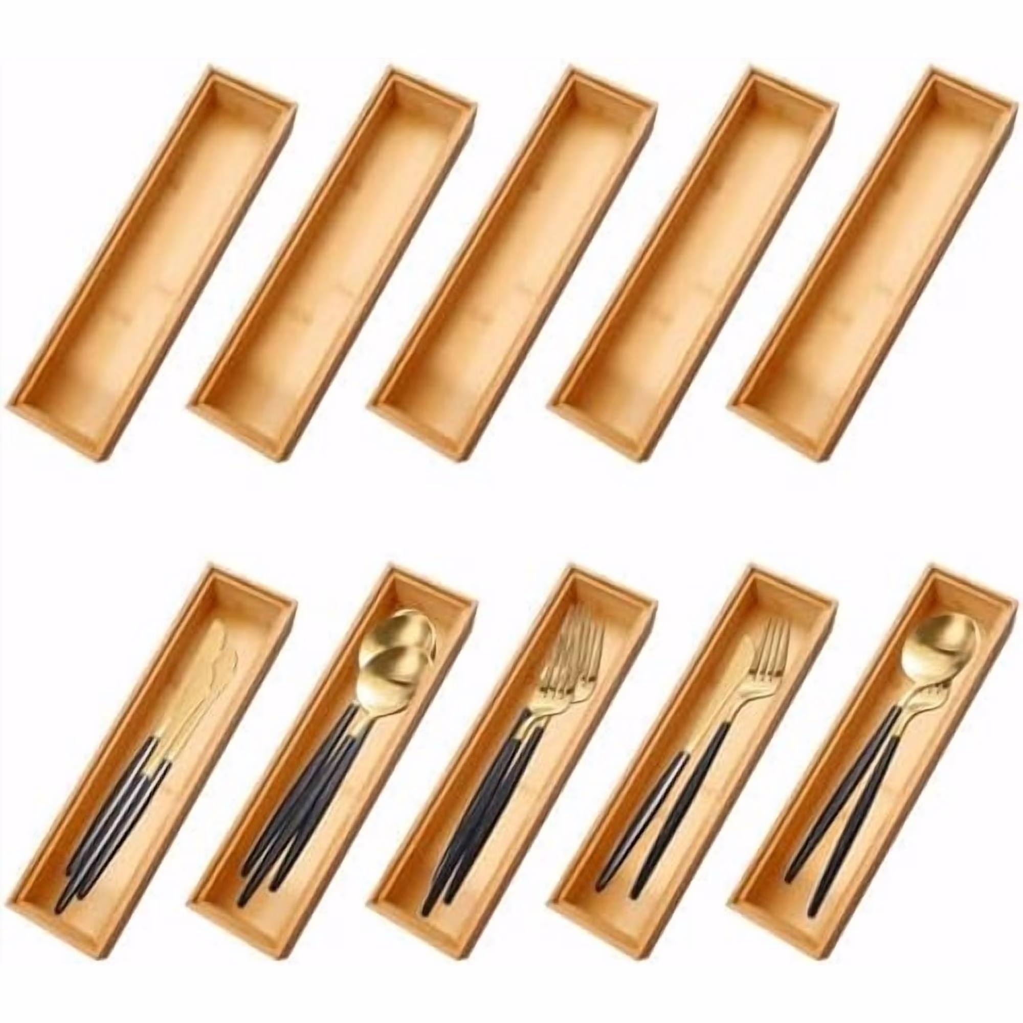 10 Pack Bamboo Drawer Organizers Stackable Wooden Cutlery Storage Boxes for Kitchen, Drawers, Bathroom, Office, Wooden Cutlery Tray (12 x 3 x 2 inches)