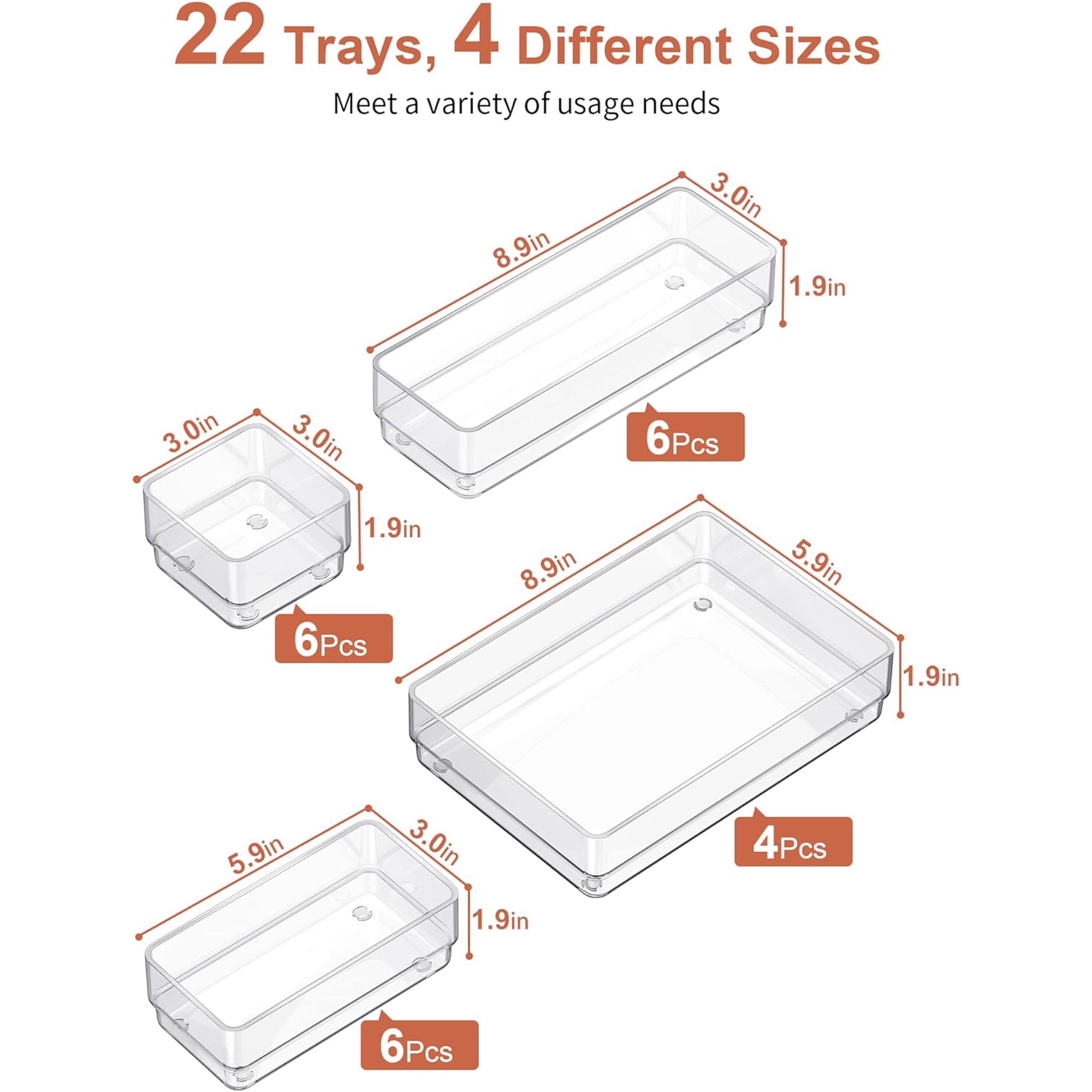 22-Piece Drawer Organizer with Non-Slip Silicone Pads, 4-Size Clear Desk Drawer Organizer Trays Storage Tray for Makeup, Jewelries, Utensils in Bedroom Dresser, Office and Kitchen, Clear