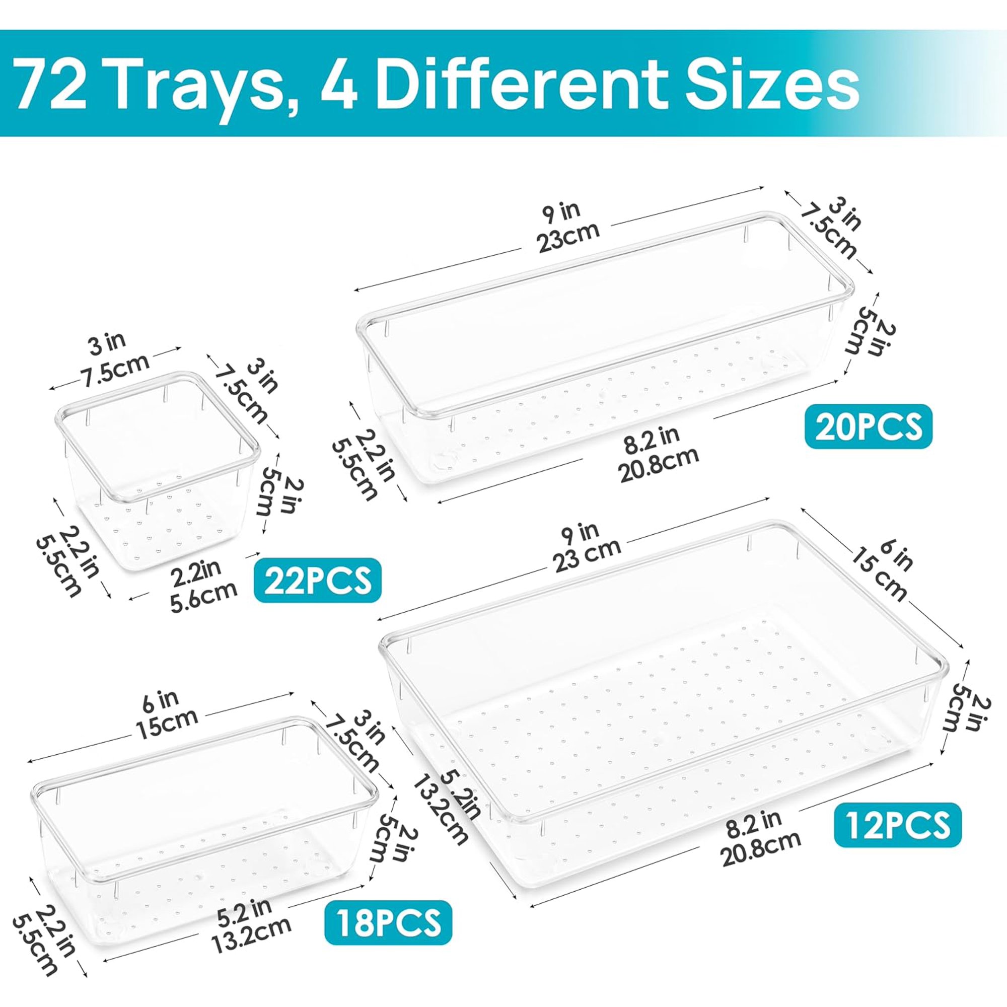 Hltsor 72 PCS Plastic Drawer Organizers Set  4-Size Versatile Bathroom and Vanity Organizer Trays  Non-Slip Storage Bins for Makeup  Jewelries  Kitchen Utensils and Office Desk  Pink