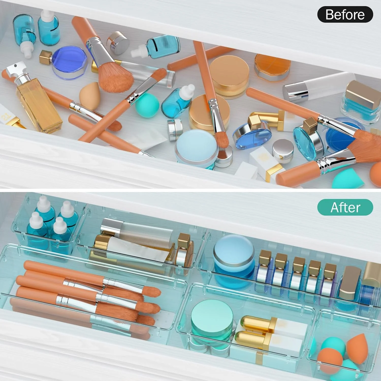 SUMMIT 6 Pack Clear Drawer Organizer Set, Acrylic Drawer Storage Trays, Storage Bins for Makeup, Cosmetics, Jewelries, Utensils, Gadgets, Office, Sea Blue