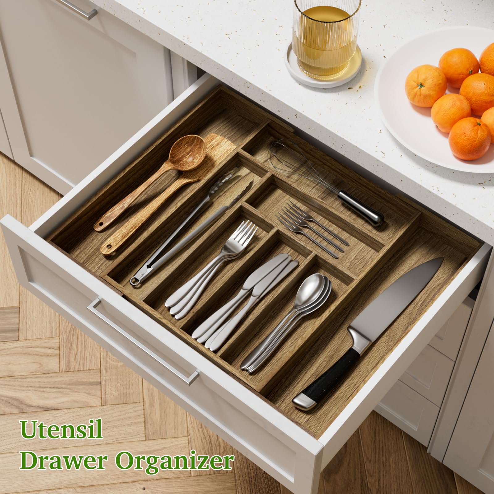 Expandable Acacia Wood Silverware Drawer Organizer, Adjustable Utensil Tray for Forks Spoons Knives, Kitchen Drawer Storage with Non-Slip Pads, Brown