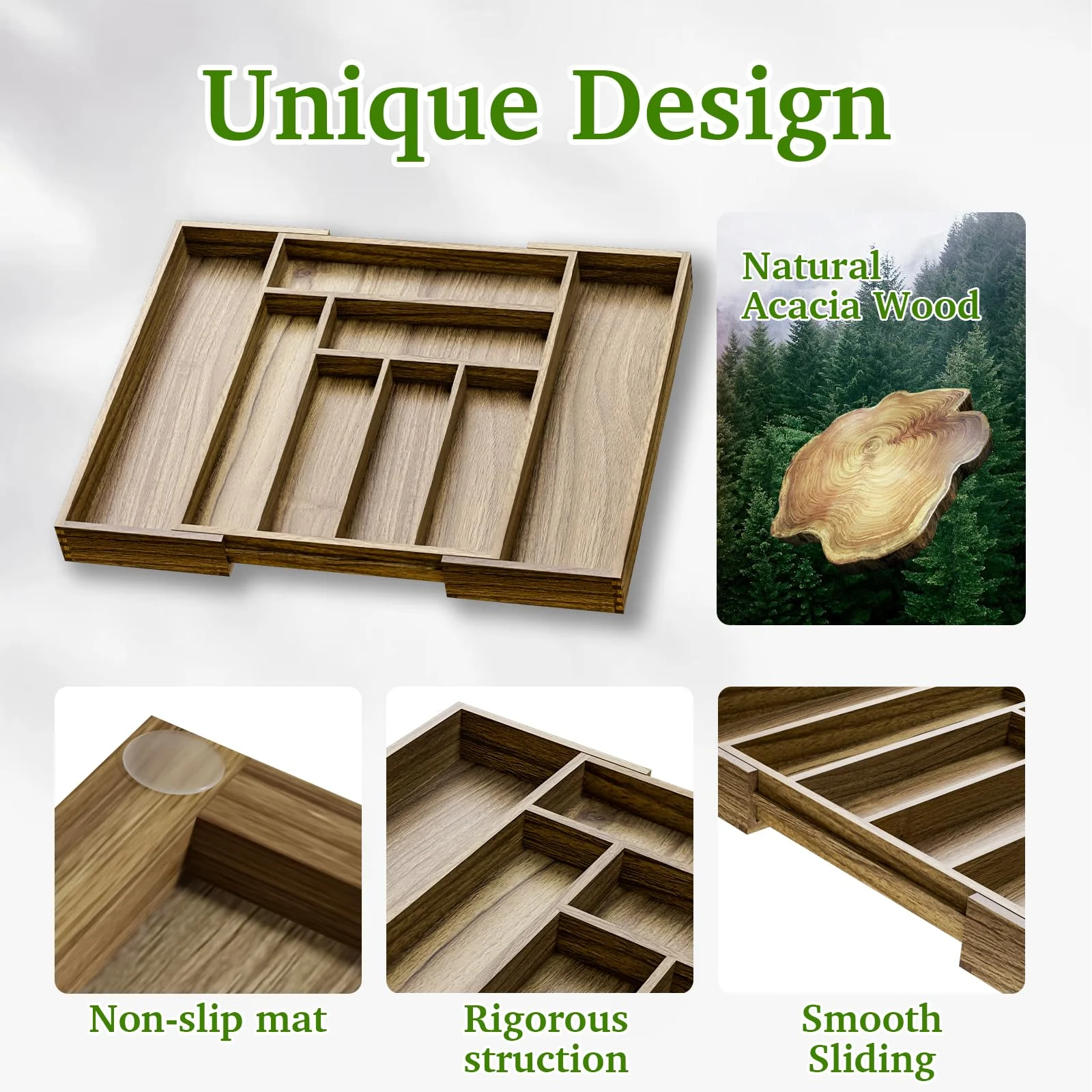 Expandable Acacia Wood Silverware Drawer Organizer, Adjustable Utensil Tray for Forks Spoons Knives, Kitchen Drawer Storage with Non-Slip Pads, Brown