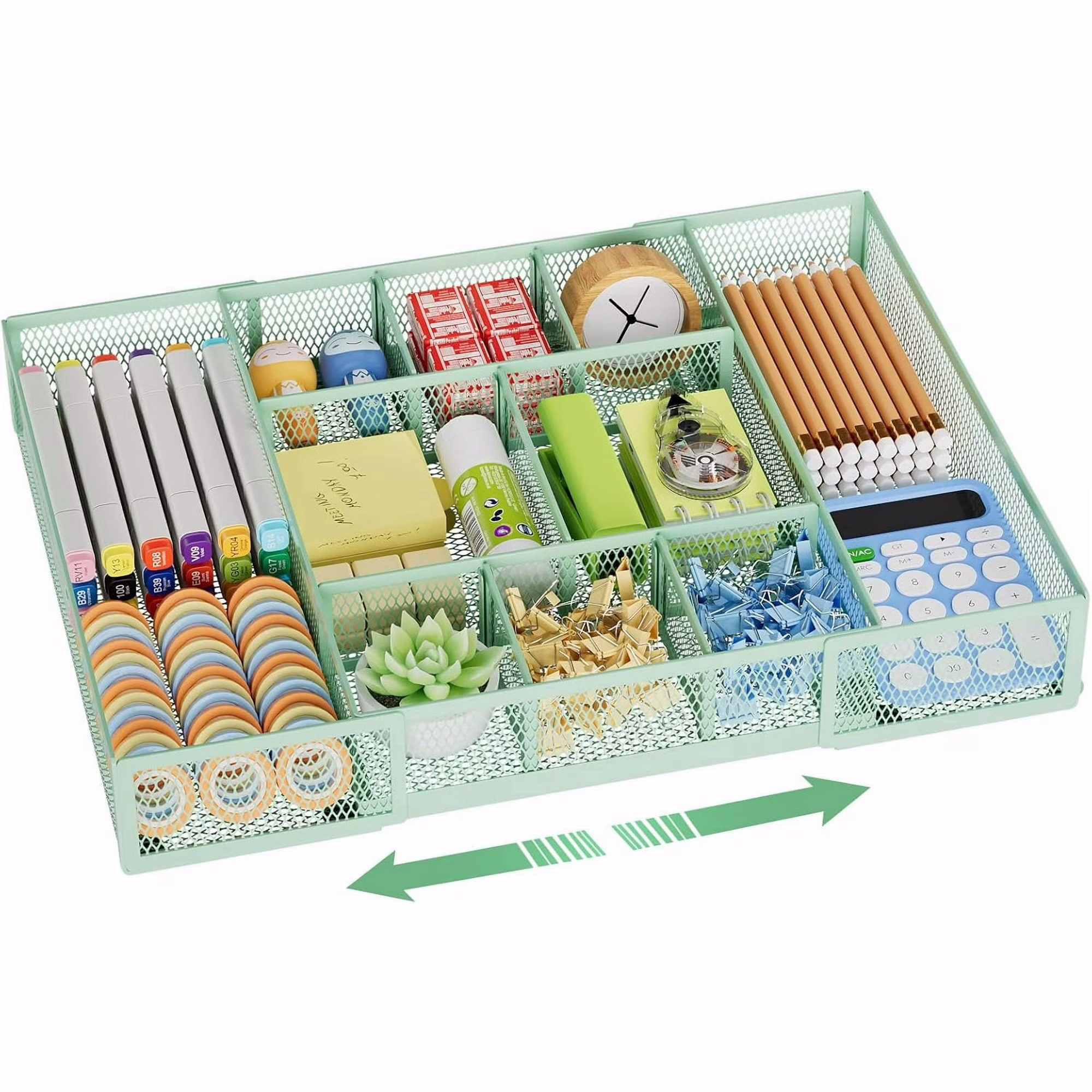 Expandable Desk Drawer Organizer, Mesh Drawer Organizer Tray with 10 Adjustable Compartments, Desk Organizers and Accessories for Office Supplies, Makeup & Vanity (Expandable-Green 2pack)