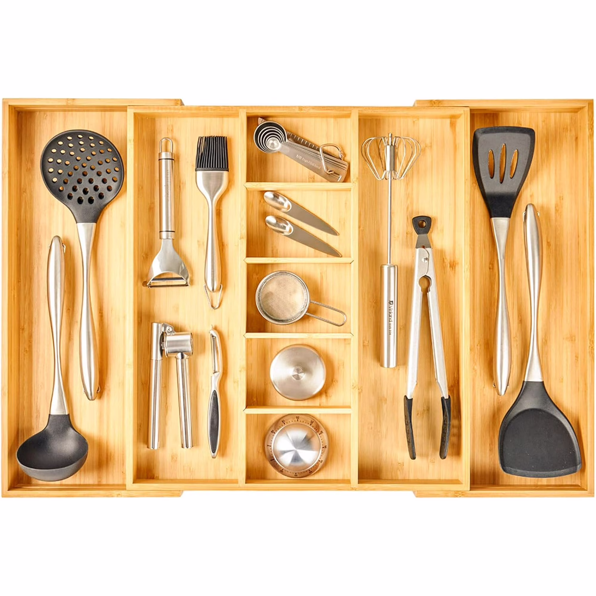 Extra Large Expandable Kitchen Drawer Organizer for Utensil and Junk, 19Deep for Big Drawer, 17to 28Adjustable Bamboo Wood Drawer Divider, Cutlery Tray, Flatware Holder