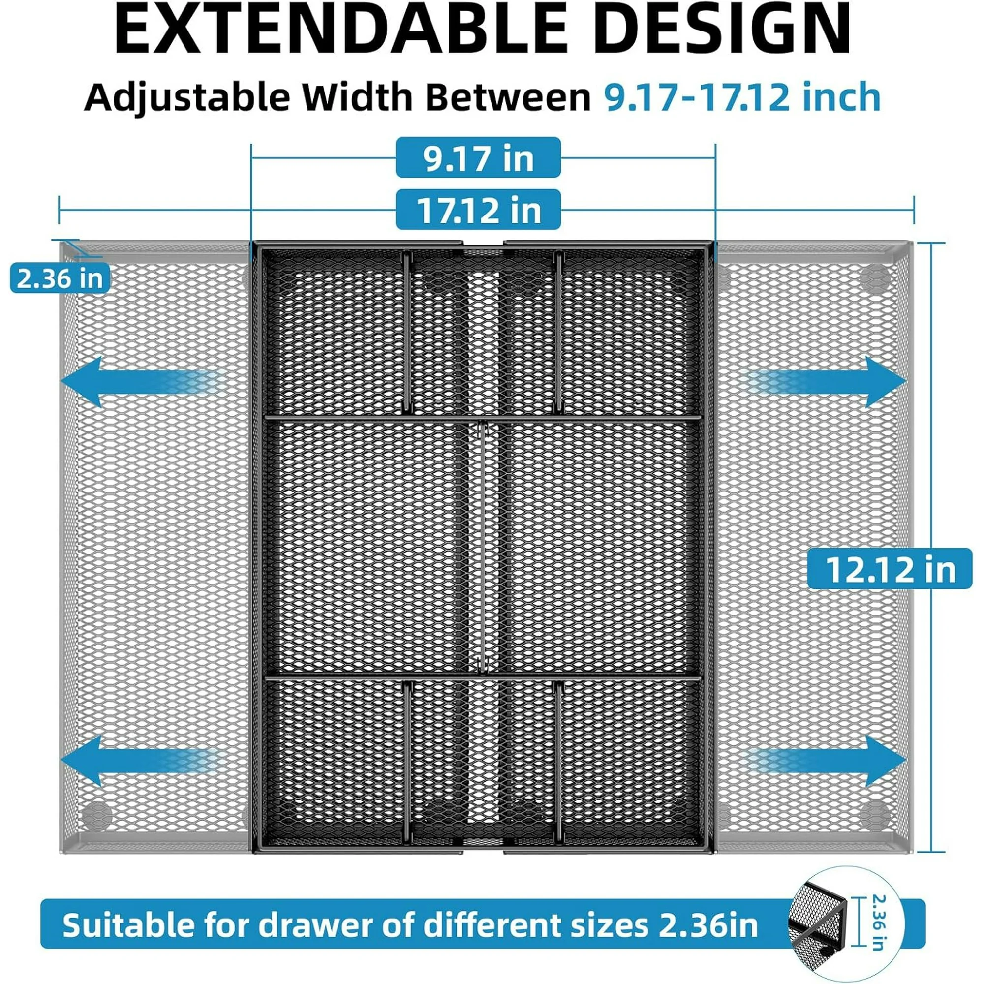 Expandable Desk Drawer Organizer, Mesh Drawer Organizer Tray with 10 Adjustable Compartments, Desk Organizers and Accessories, 5 Dividers Drawer for Office Supplies, Makeup & Vanity (Black 2 pack)