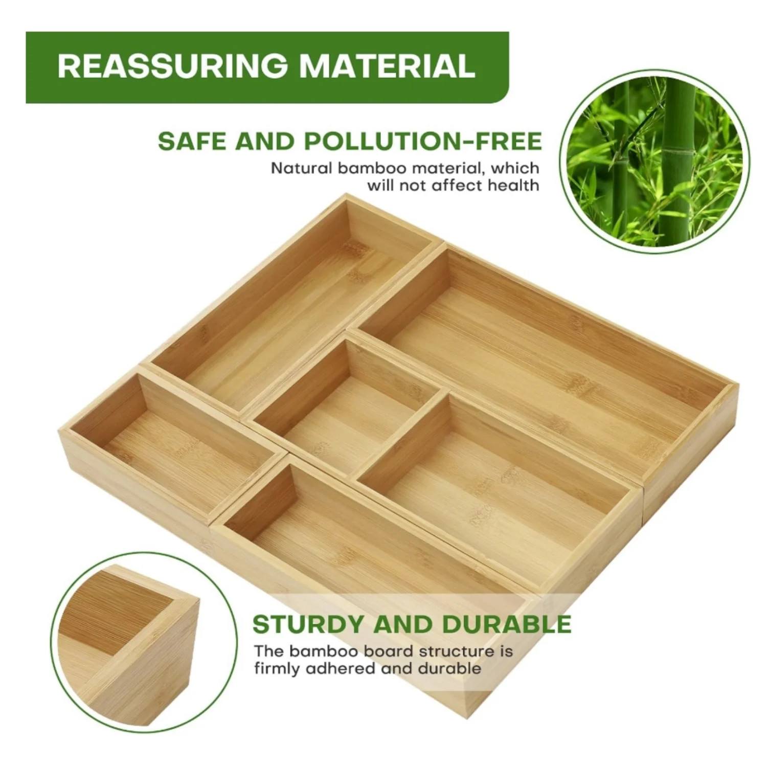 Bamboo Drawer Organizer Set, 5 PCS Multi-Use Individual Wood Storage Organizers, Junk Drawer Divider and Storage Trays Containers for Kitchen, Bathroom, Office Desk, Makeup, Jewelry, Utensils