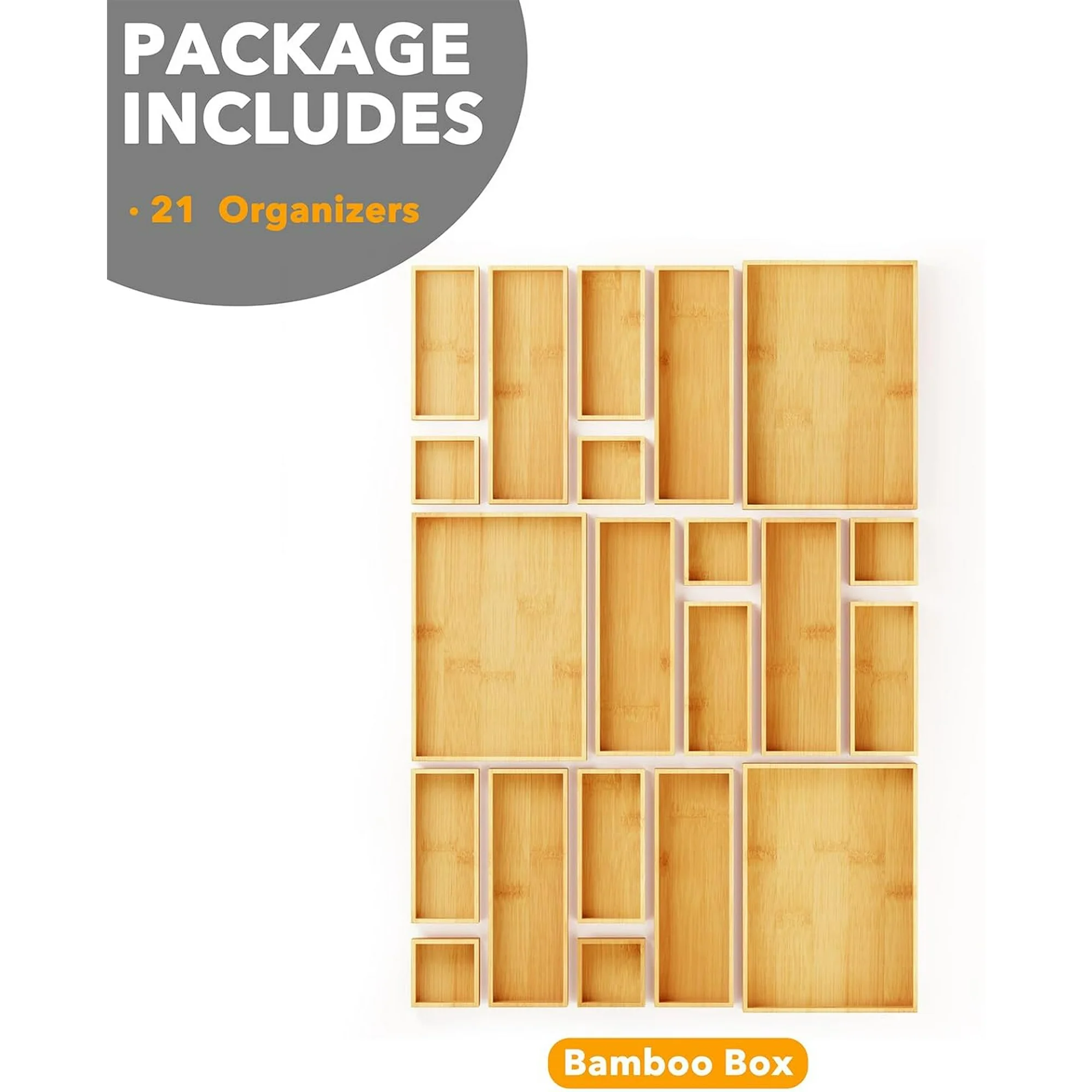 21-Piece Bamboo Drawer Organizer Storage Boxes Set, Wood Tray Junk Drawer Organizers Multi-Use Divider Bins for Kitchen, Bathroom, Office Desk and Makeup Organization (21 Pack, Natural)