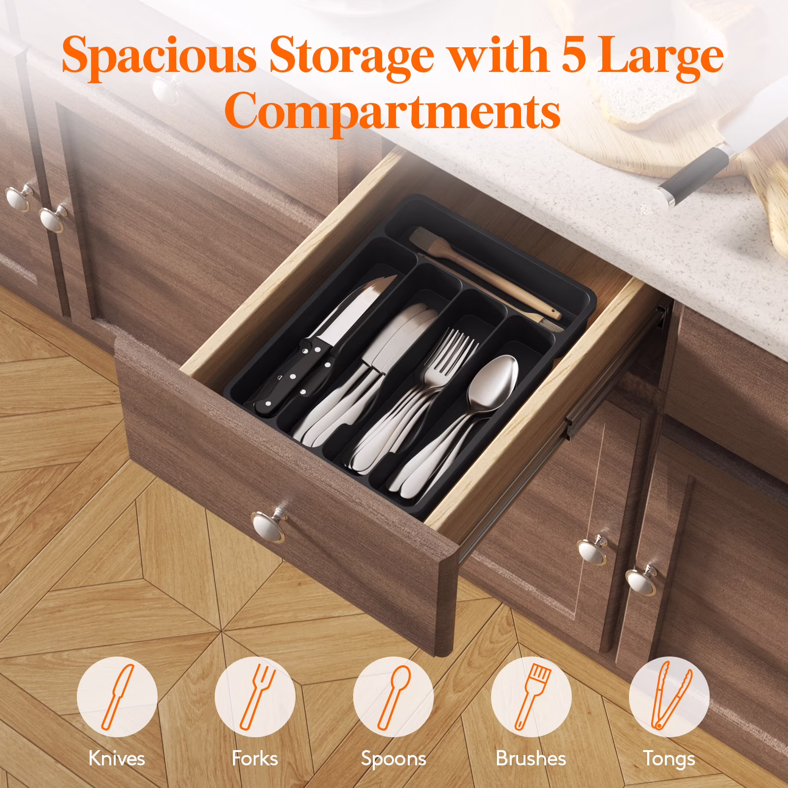 Silverware Drawer Organizer Tray, Plastic Cutlery Storage for Kitchen Drawer, Flatware and Utensil Holder Divider for Spoons Forks Knives Tableware, 5 Compartment, Black