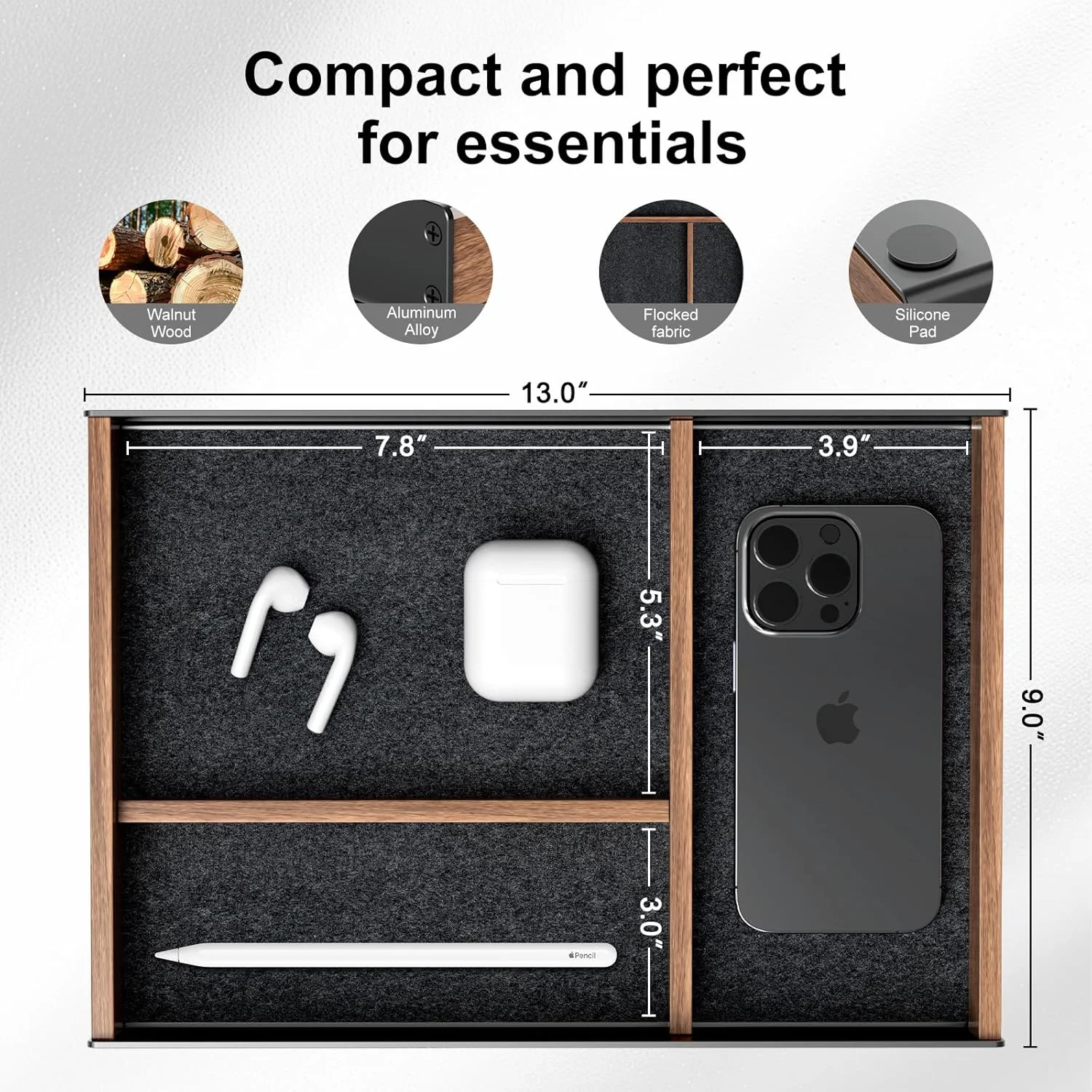 Desk Drawer Organizer Tray, Mens Valet Made of Aluminum and Walnut, Aesthetic Desk Accessories for Office Home Supplies