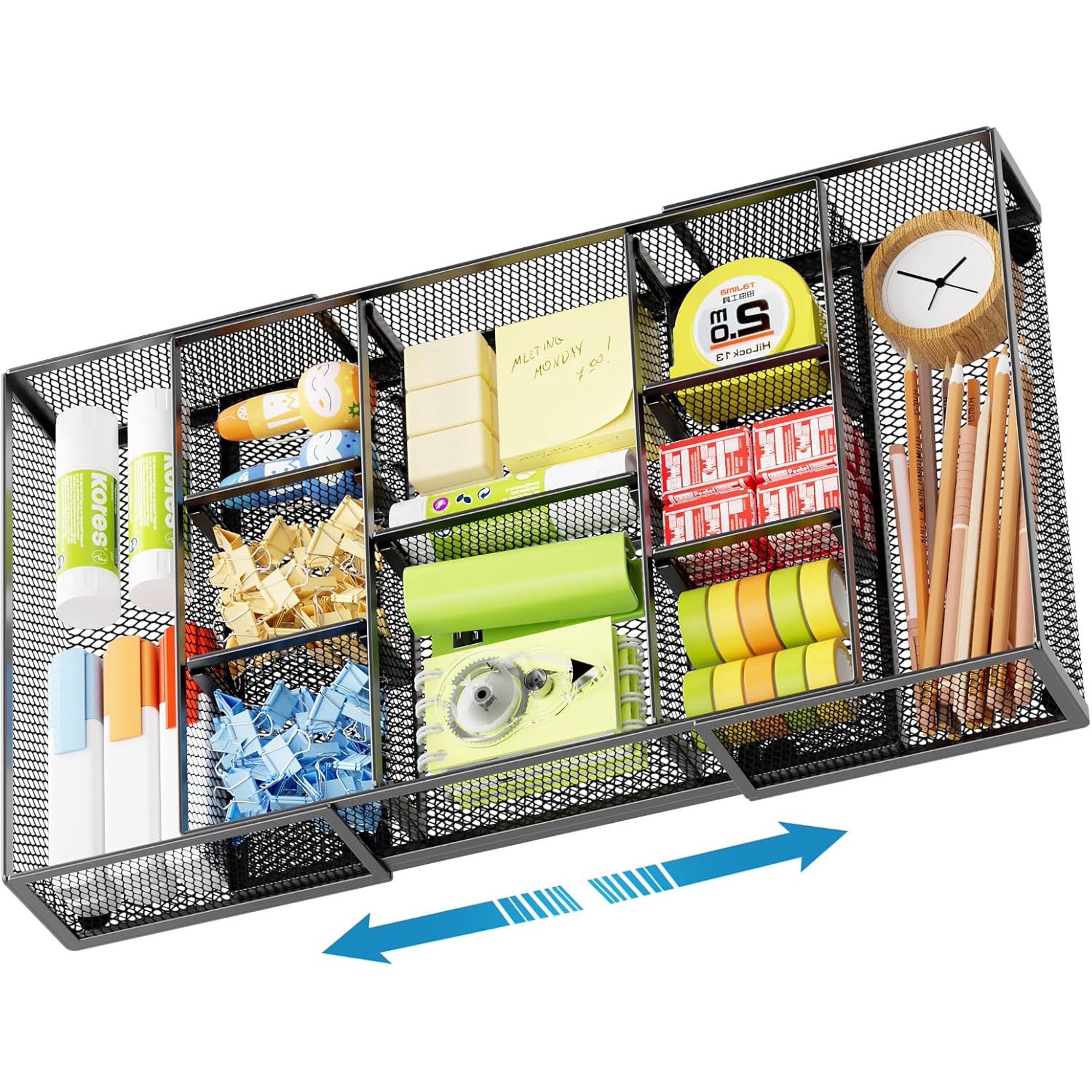 Expandable Desk Drawer Organizer, Mesh Drawer Organizer Tray with 10 Adjustable Compartments, Desk Organizers and Accessories for Office Supplies (Longer Expandable Drawer Organizer-B 2pack)