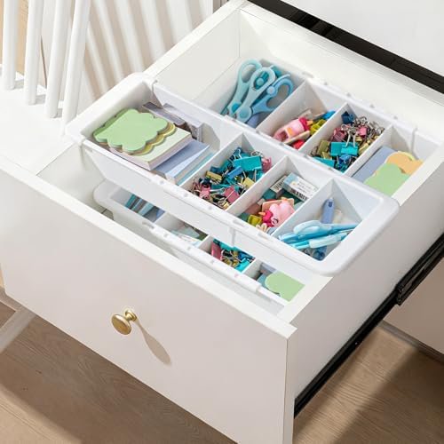 3 Pcs Expandable Drawer Organizer Bins Adjustable Deep Drawer Hanging Organizer Trays Expandable 11.4 to 18.1 Inches Plastic Dividers Storage for Office Bathroom Bedroom Kitchen Desk, White$$Office