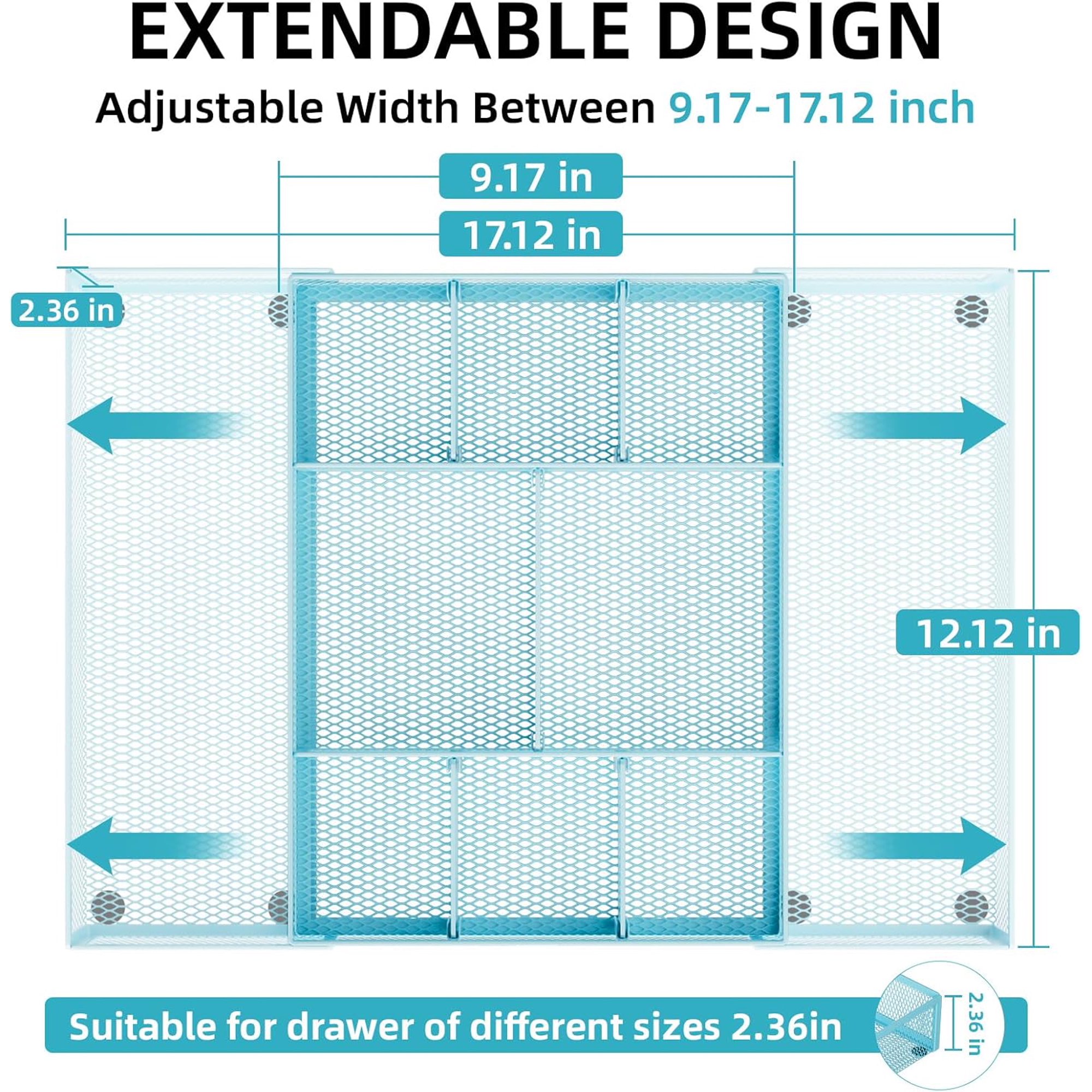 Expandable Desk Drawer Organizer, Mesh Drawer Organizer Tray with 10 Adjustable Compartments, Desk Organizers and Accessories for Office Supplies, Makeup & Vanity (Expandable-Blue 2 pack)