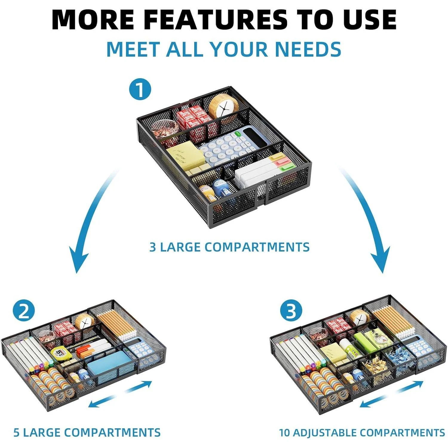 Expandable Desk Drawer Organizer, Mesh Drawer Organizer Tray with 10 Adjustable Compartments, Desk Organizers and Accessories for Office Supplies, Makeup & Vanity (Expandable Black-2 pack)