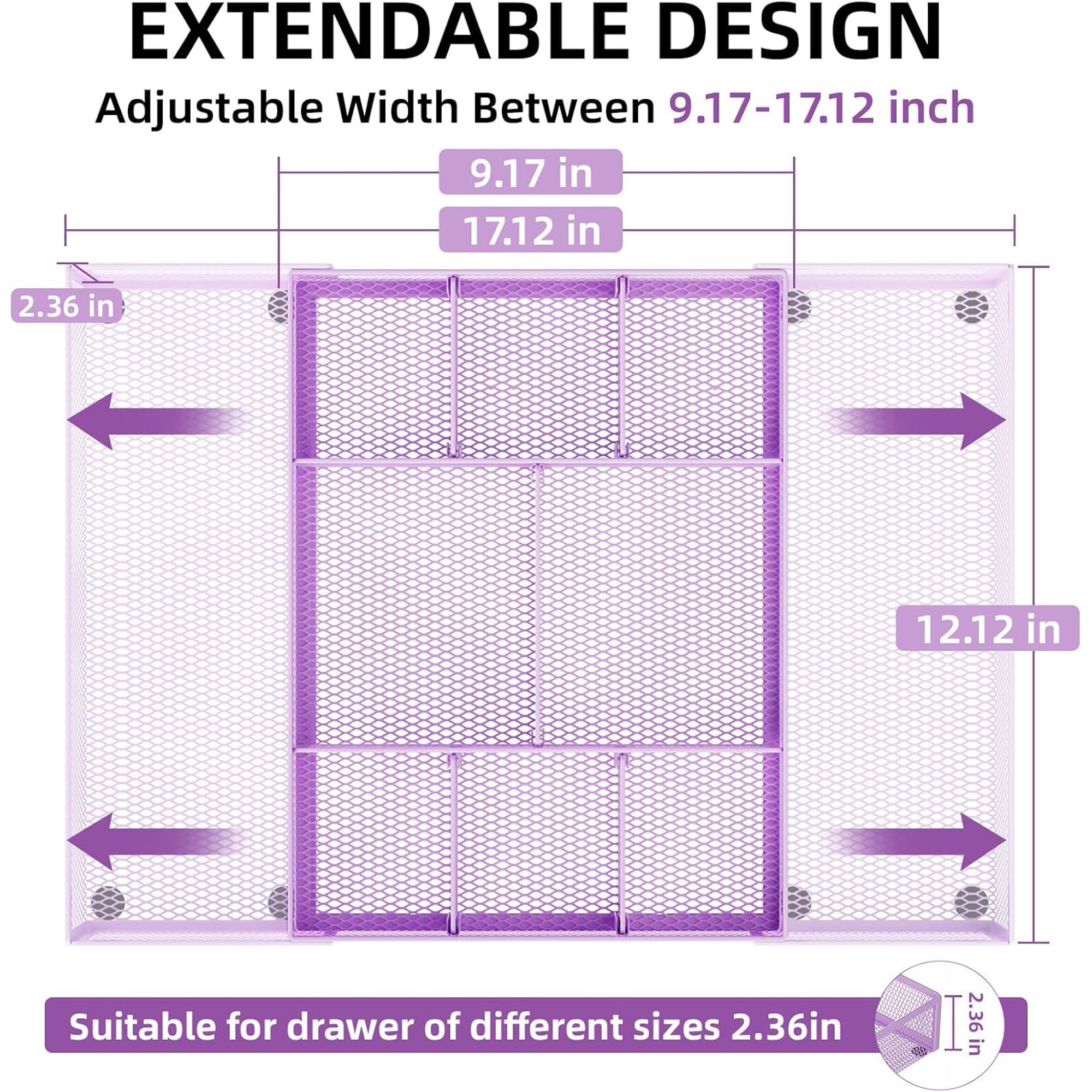 Expandable Desk Drawer Organizer, Mesh Drawer Organizer Tray with 10 Adjustable Compartments, Desk Organizers and Accessories for Office Supplies, Makeup & Vanity (Expandable-Purple 2 pack)