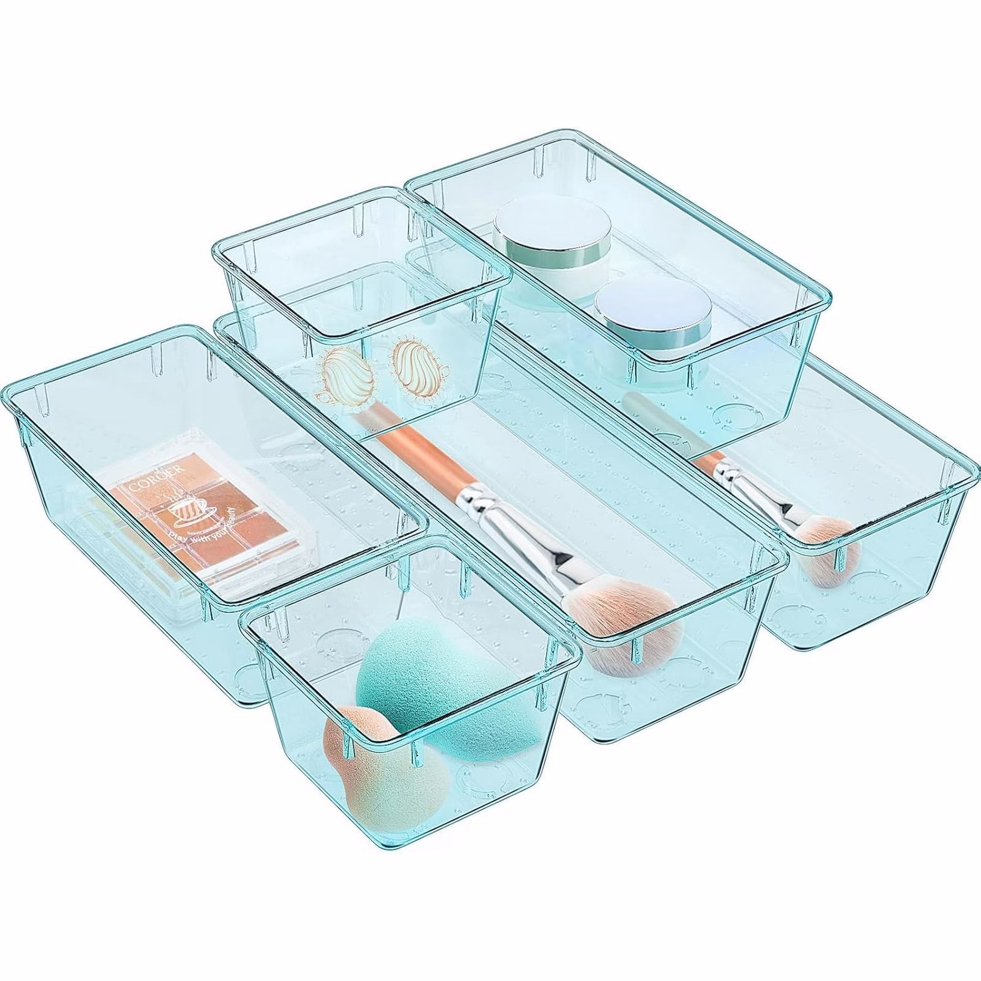 SUMMIT 6 Pack Clear Drawer Organizer Set, Acrylic Drawer Storage Trays, Storage Bins for Makeup, Cosmetics, Jewelries, Utensils, Gadgets, Office, Sea Blue